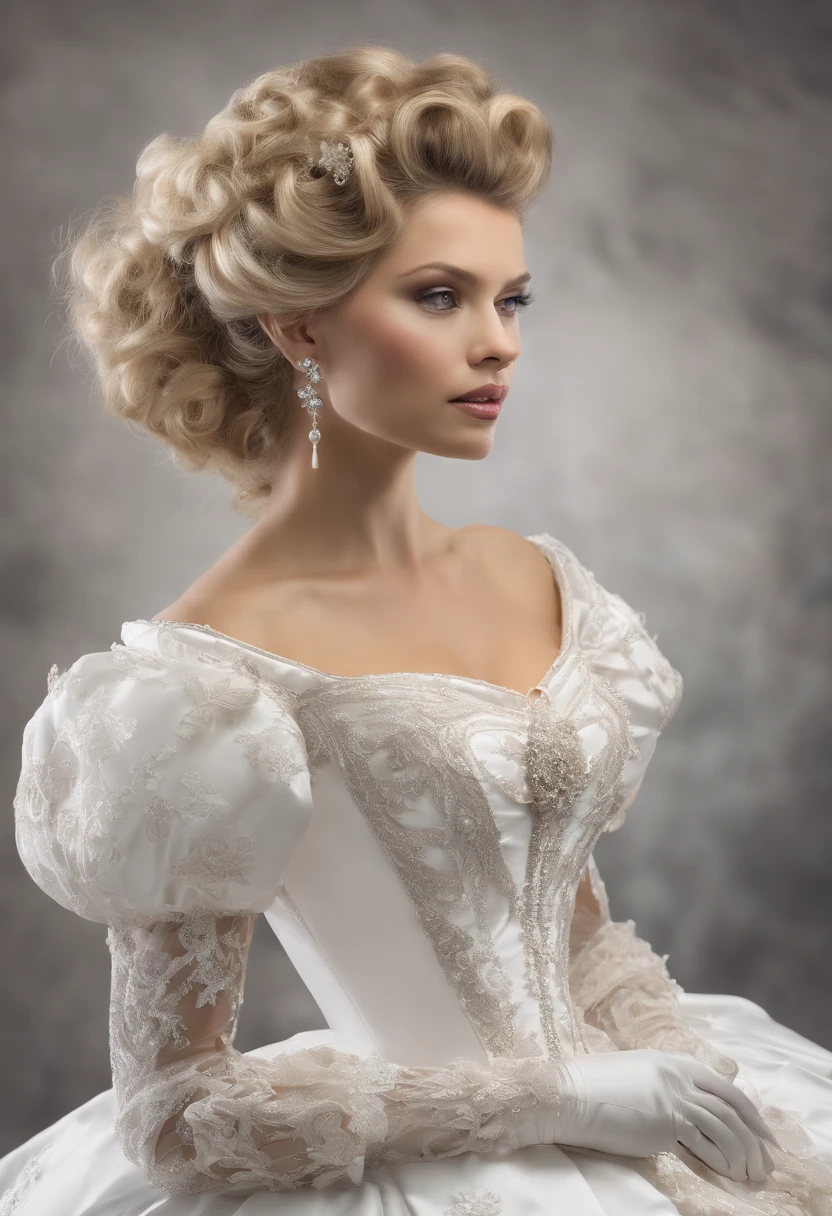 A stunningly beautiful blonde fairytale Princess shining with Royal Pomp and Regal Splendor, wearing a Stately and (((Elaborate))) Royal Cinderella Wedding Dress of Silver and White Brocade, with (((enormous puffed sleeves))) a stiffly boned, padded and corseted bodice, an hourglass waist, a (((huge crinoline hoopskirt))) and (((bustle))), adorned with ribbons, bows, roses, lace, ruffles, frills, embroidery, and jewels, elaborately curled and styled hair, long white gloves, pearl and diamond necklace and earrings