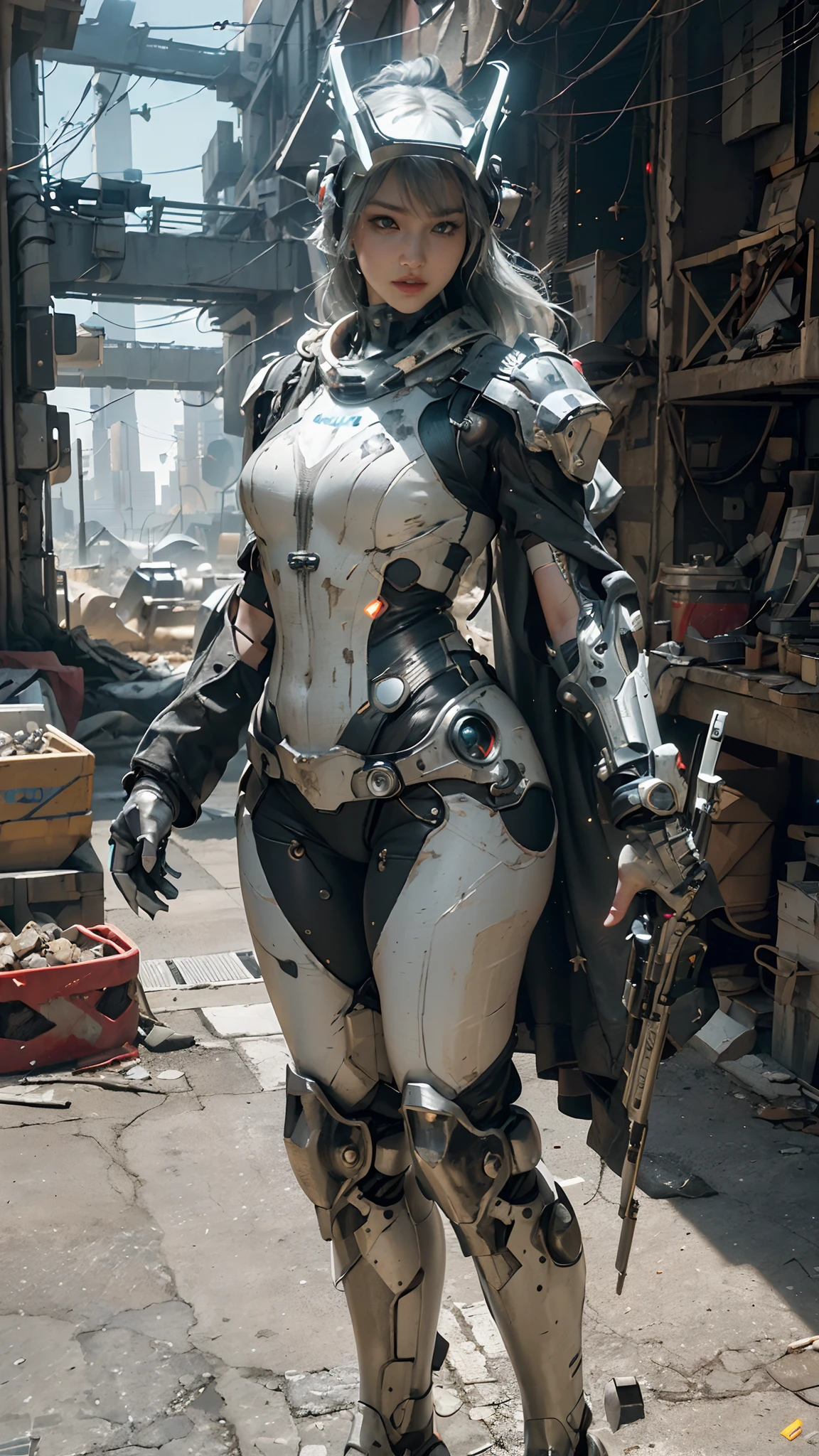 ((best quality)), ((masterpiece)), ((realistic)), (detailed), (photorealistic:1.5), a futuristic girl, (thick body), (white bodysuit), lights on armor, cybernetic headwear, looking at viewer, dynamic pose, post apocalyptic, destroyed city background, buildings on fire, science fiction, hdr, ray tracing, nvidia rtx, super-resolution, unreal 5, subsurface scattering, pbr texturing, post-processing, anisotropic filtering, depth of field, maximum clarity and sharpness, rule of thirds, 8k raw, (luminescent particles:1.4), (extremely detailed cg, unity 8k wallpaper, 3d, cinematic lighting, lens flare), reflections, sharp focus, cyberpunk art, cyberpunk architecture,