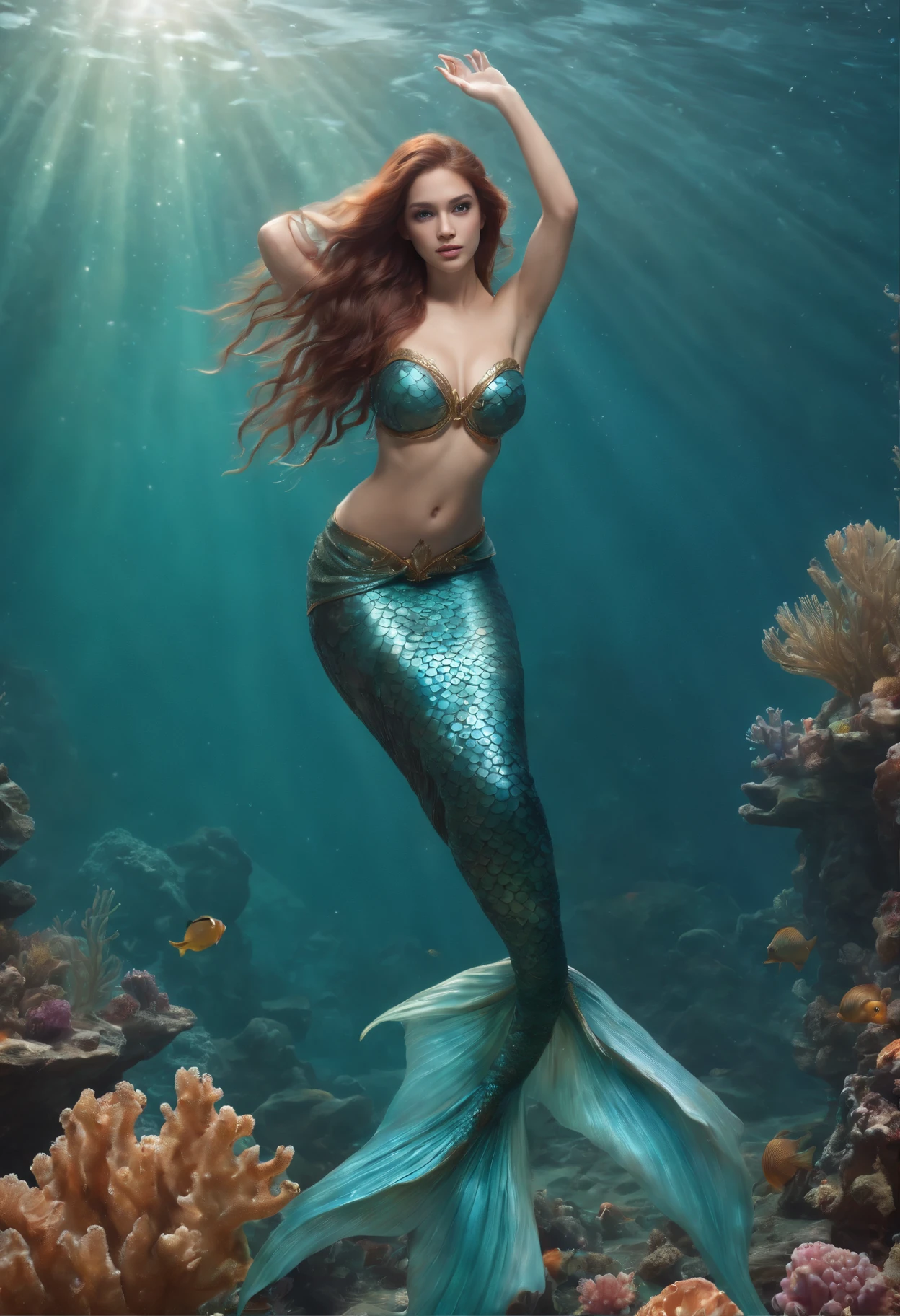 (Professional 3D Rendering:1.3) ((Swimming mermaid whole body)) (Realistic:1.3) The most beautiful artwork photos in the world,(((reddish brown hair))), ((detailed brown eyes)), brunette, Face of the Mediterranean, , Beautiful face, Caucasian girl,(Hair floating on water), ((long mermaid tail)), (((Detailed Mermaid Fins))), (((Dual purpose))), Full body, movement, Soft and shiny features, ((Epic mermaid fantasy long hair in dynamic pose,Full tail, fantastic location, majestic cluttered environment)), Full body 8K unity rendering, action SHOT, skin pore, Heavy shading, Detailed, Detailed face, (Vibrant, photos realistic, Realistic, Dramatic, Dark, Sharp Focus, 8K), (Fish scales:1.4), ((((Mermaid tail)))), (Convoluted:1.4), Decadent, (Highly detailed:1.4), Digital Painting, rendering by octane, art stations, concept-art, Smooth, Sharp Focus, Illustration, Art Germ, (Roisch:0.23), (Global Illumination, studio lights, volumettic light), under the water, ocean, lotr, Fantasy, mermaid, ((sea the background of:1.3)),((Sea life:1.3)),((Corals:1.3)),CG Sessa,art stations