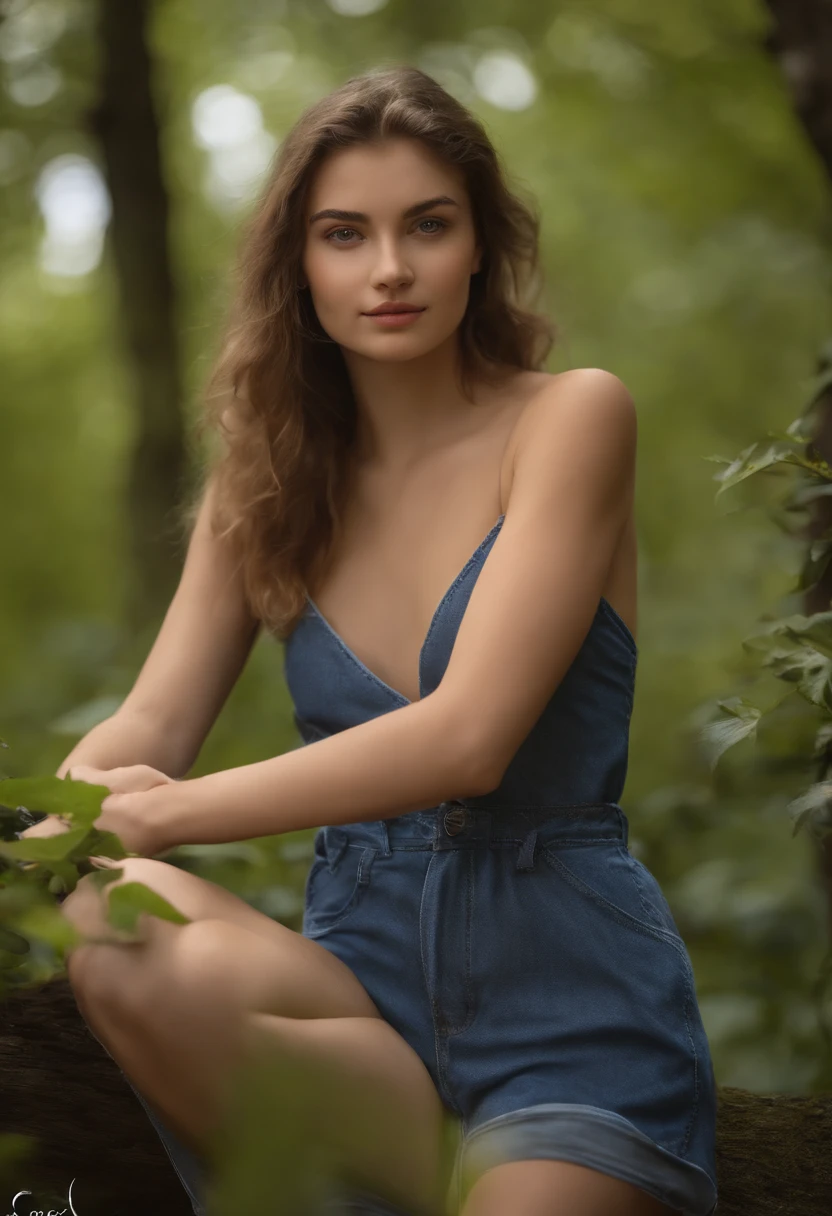 Magnifique fille de 19 ans ("Phoebe Ctaes"), corps parfait, salopette sans chemise, Pas de chemise, look at camera, (almost without clothes:1.3), hyperrealism, fleurir, UHD, Best quality, high resolucion, High Details, 8k