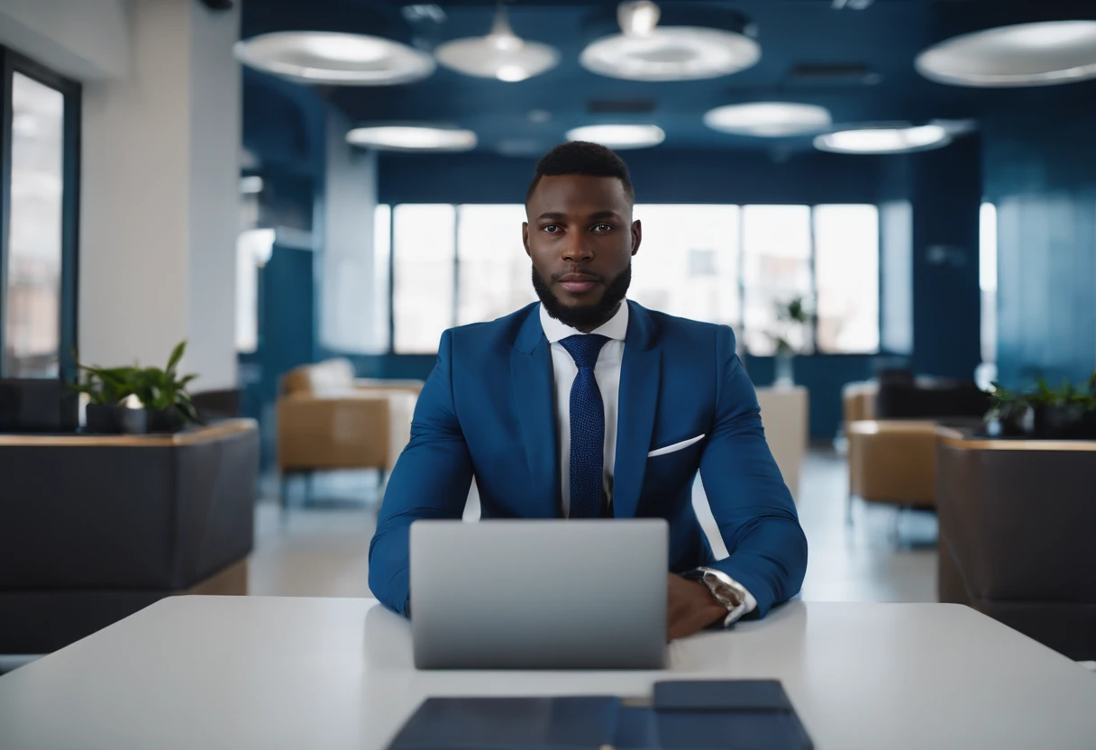 Best quality, Masterpiece handsome and smart 31years old African young man wearing bluenavy suit sitting in a big luxurious and smart Travel agency office  office using a white laptop