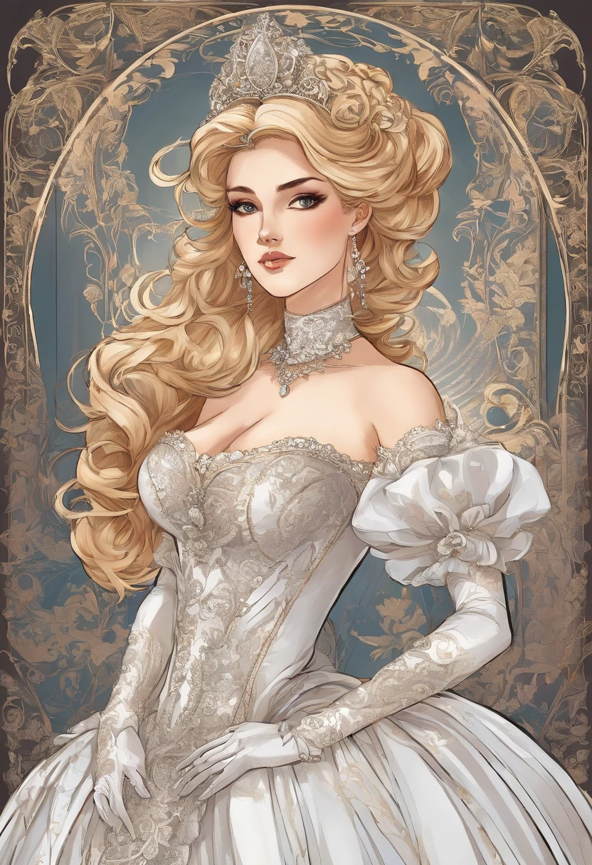 A stunningly beautiful blonde fairytale Princess shining with Royal Pomp and Regal Splendor, wearing a Stately and (((Elaborate))) Royal Cinderella Wedding Dress of Silver and White Brocade, with (((enormous puffed sleeves))) a stiffly boned, padded and corseted bodice, an hourglass waist, a (((huge crinoline hoopskirt))) and (((bustle))), adorned with ribbons, bows, roses, lace, ruffles, frills, embroidery, and jewels, elaborately curled and styled hair, long white gloves, pearl and diamond necklace and earrings