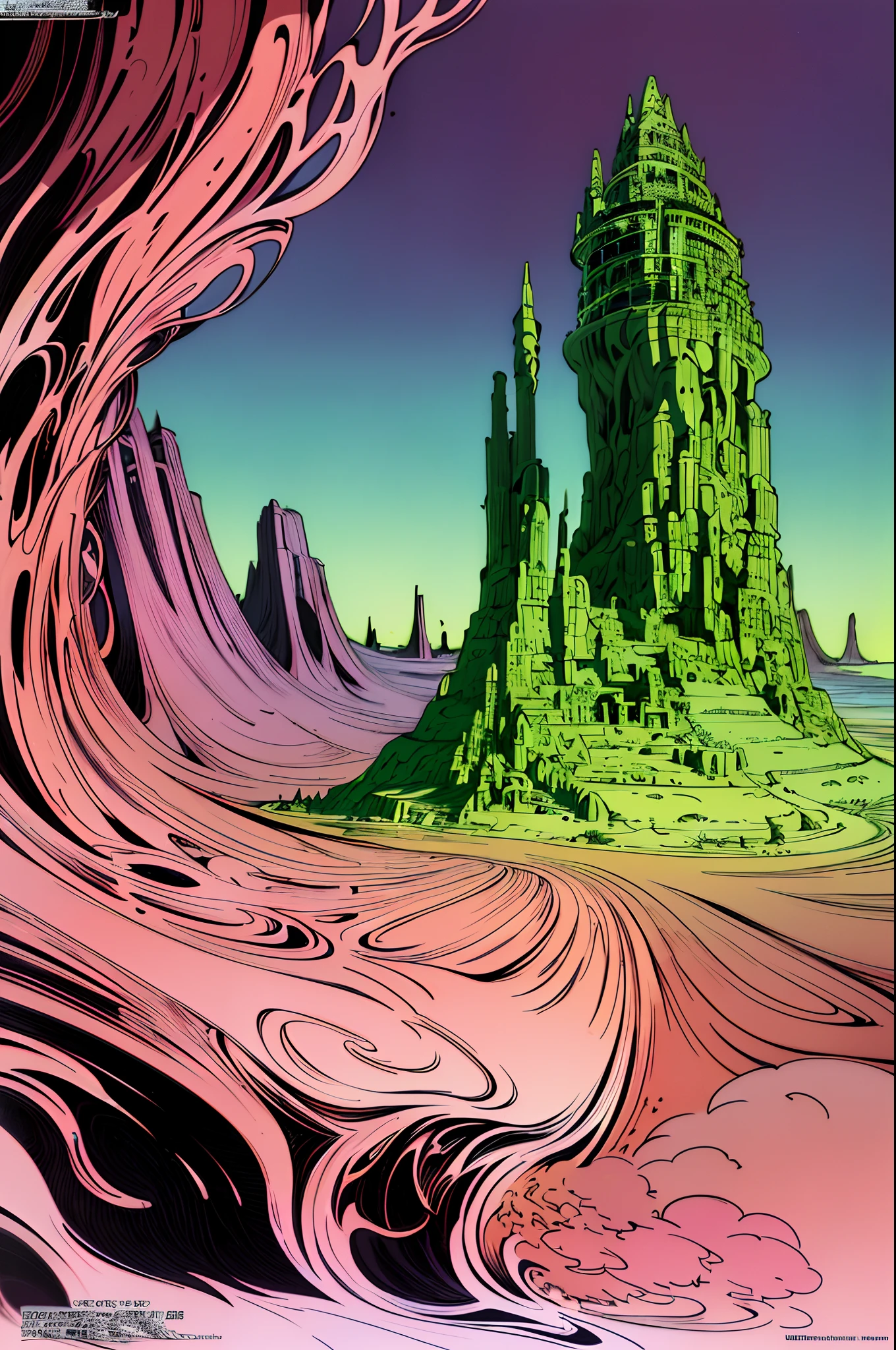 (best quality,4k,8k,highres,masterpiece:1.2),ultra-detailed,(realistic,photorealistic,photo-realistic:1.37),Moebius,Moebius style,Moebius,by Moebius,masterful display of Moebius style,ethereal otherworldly realm,intricate details,surreal landscapes,gritty atmosphere,cinematic composition,stylized contrast,comic book aesthetic,eerie ambiance,cybernetic elements,futuristic scenery,elaborate world-building,dreamlike journey,subtle color palette,mesmerizing lighting,mystical beings and creatures,organic architectural structures,lush vegetation and flora,floating islands and mountains,enchanted waterfalls and streams,cross-dimensional portals,mythical ruins and ancient artifacts,extraterrestrial wildlife,spiritual energy emanating from natural elements,astral skies,harmony between nature and technology,immersive and thought-provoking,rich narrative and storytelling,depicts a surreal fairy landscape with a sci-fi twist,invokes a sense of wonder and adventure.
