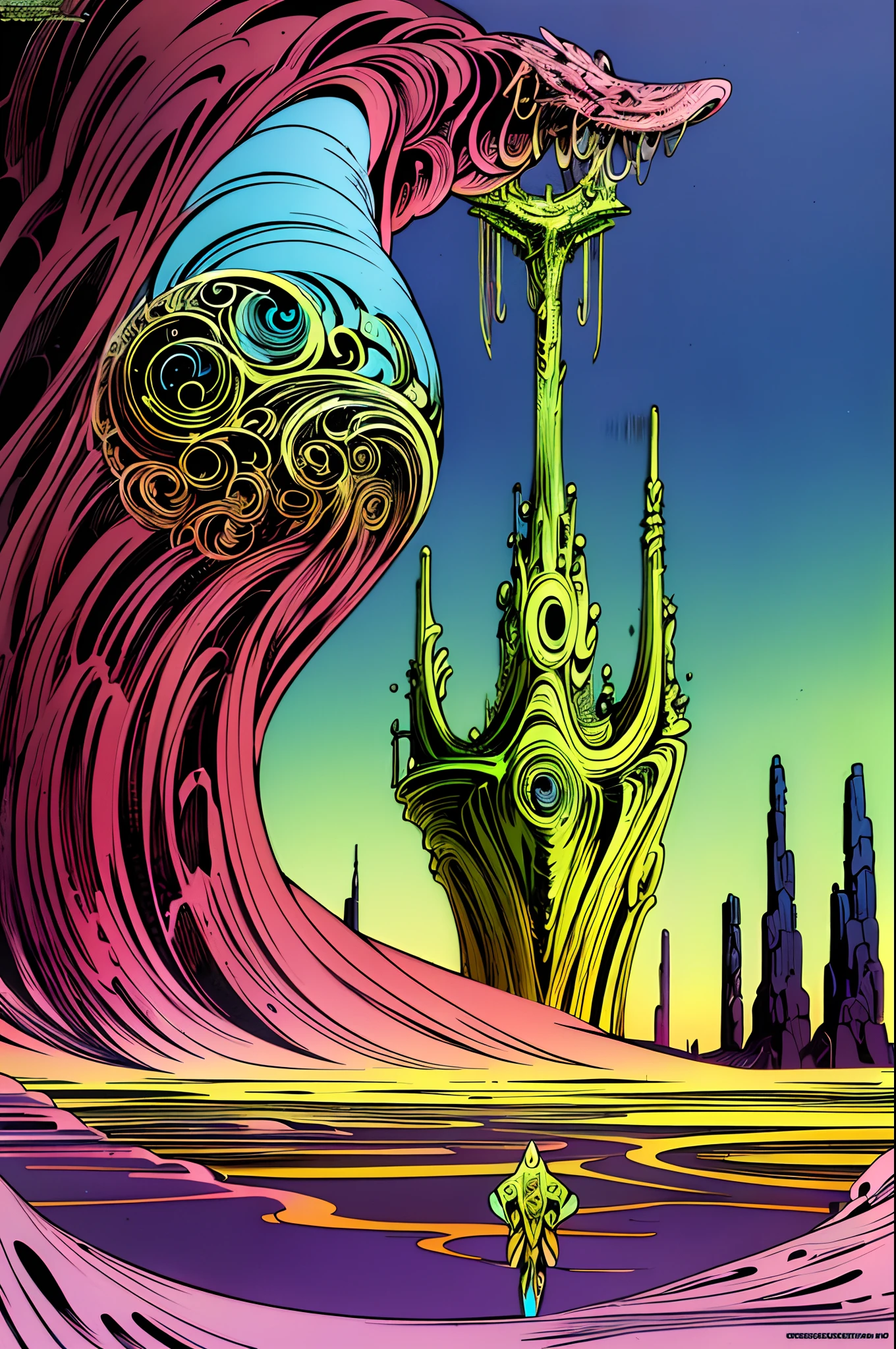 (best quality,4k,8k,highres,masterpiece:1.2),ultra-detailed,(realistic,photorealistic,photo-realistic:1.37),Moebius,Moebius style,Moebius,by Moebius,masterful display of Moebius style,ethereal otherworldly realm,intricate details,surreal landscapes,gritty atmosphere,cinematic composition,stylized contrast,comic book aesthetic,eerie ambiance,cybernetic elements,futuristic scenery,elaborate world-building,dreamlike journey,subtle color palette,mesmerizing lighting,mystical beings and creatures,organic architectural structures,lush vegetation and flora,floating islands and mountains,enchanted waterfalls and streams,cross-dimensional portals,mythical ruins and ancient artifacts,extraterrestrial wildlife,spiritual energy emanating from natural elements,astral skies,harmony between nature and technology,immersive and thought-provoking,rich narrative and storytelling,depicts a surreal fairy landscape with a sci-fi twist,invokes a sense of wonder and adventure.