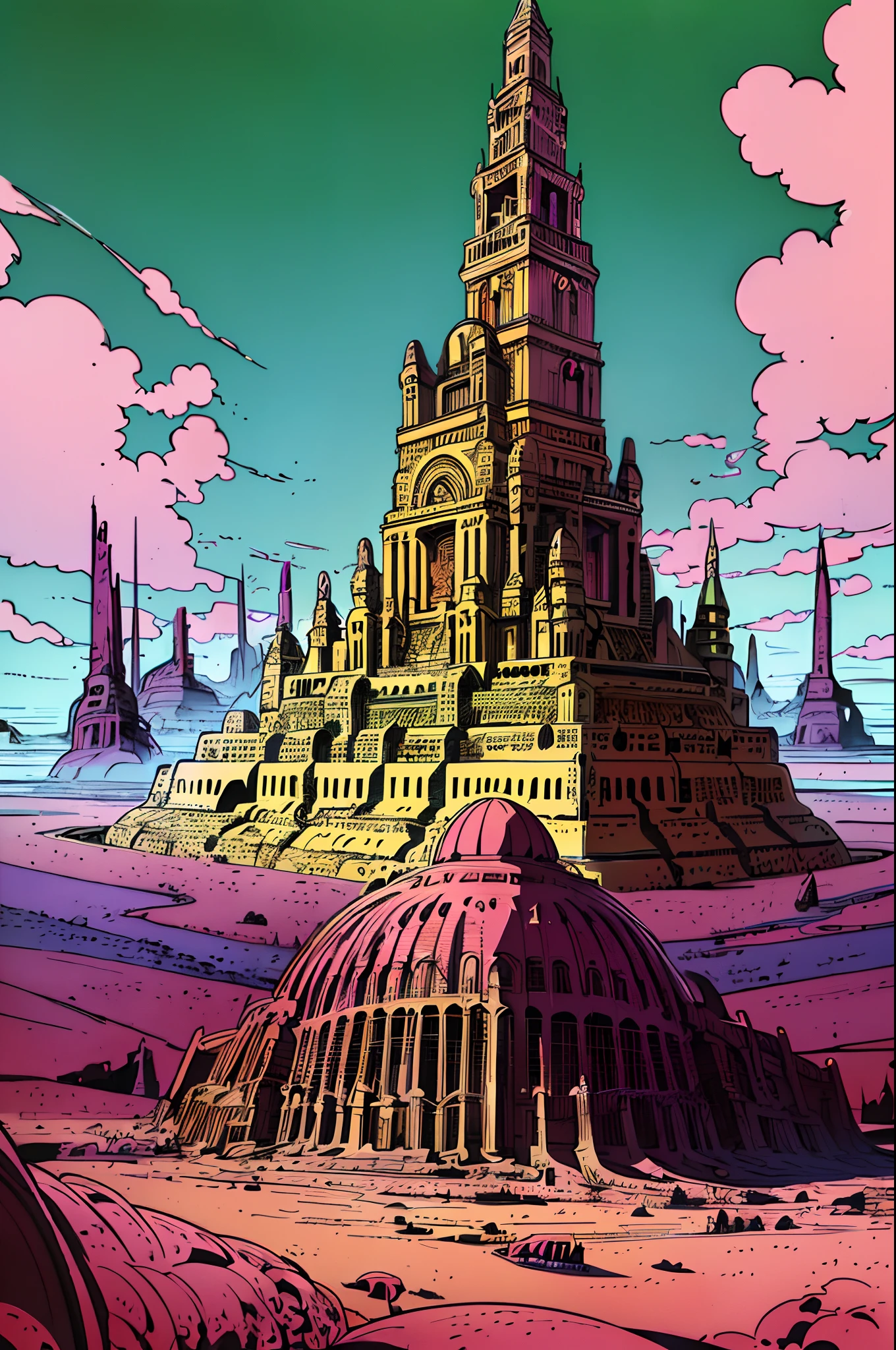 by Moebius (Jean Giraud),methurlant intricate surreal gritty atmospheric cinematic stylized contrast comic eerie cybernetic futuristic, surreal fairy landscap