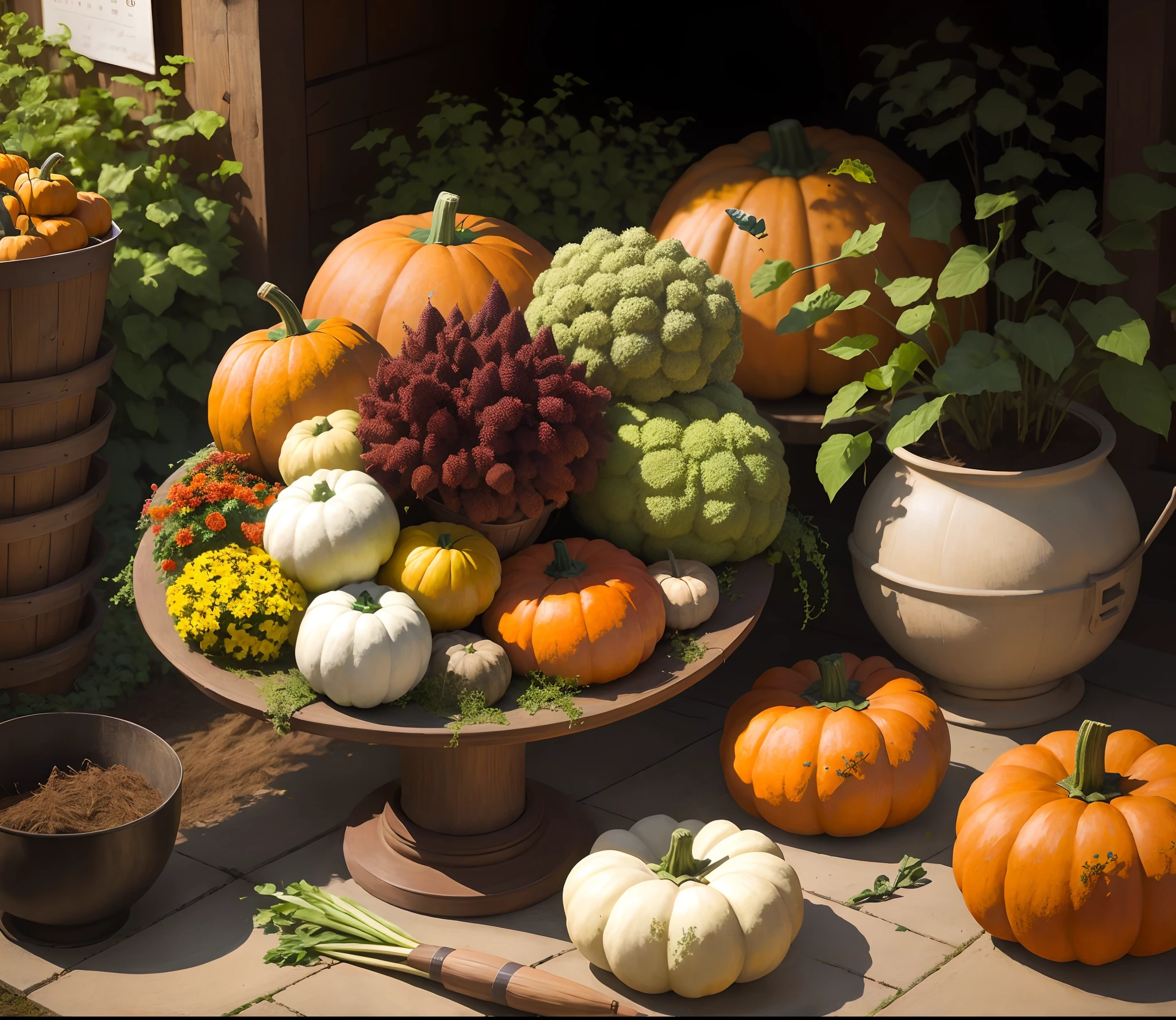 Harvest Festival、photorealistic paintings、Verdure,2 large pumpkins,Three corns,Thread pepper,3 turnips,vegetable garden,