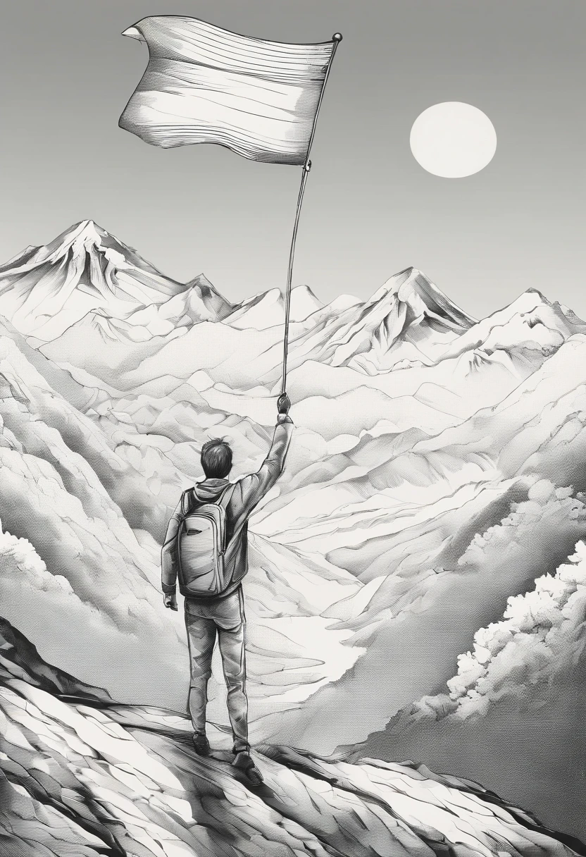 a drawing of a person holding a flag on top of a mountain, flag in his right hand, flag in hands, flag in hands up, on grey paper sketch ink style, hand drawn illustration, realistic, artistic illustration, one fist raised high in triumph, simple illustration, inspired by Jan Karpíšek, standing on mountain, rising from mountain range