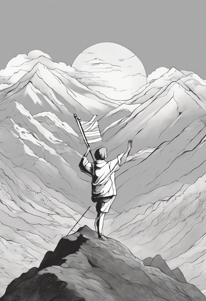 a drawing of a person holding a flag on top of a mountain, flag in his right hand, flag in hands, flag in hands up, on grey paper sketch ink style, hand drawn illustration, realistic, artistic illustration, one fist raised high in triumph, simple illustration, inspired by Jan Karpíšek, standing on mountain, rising from mountain range