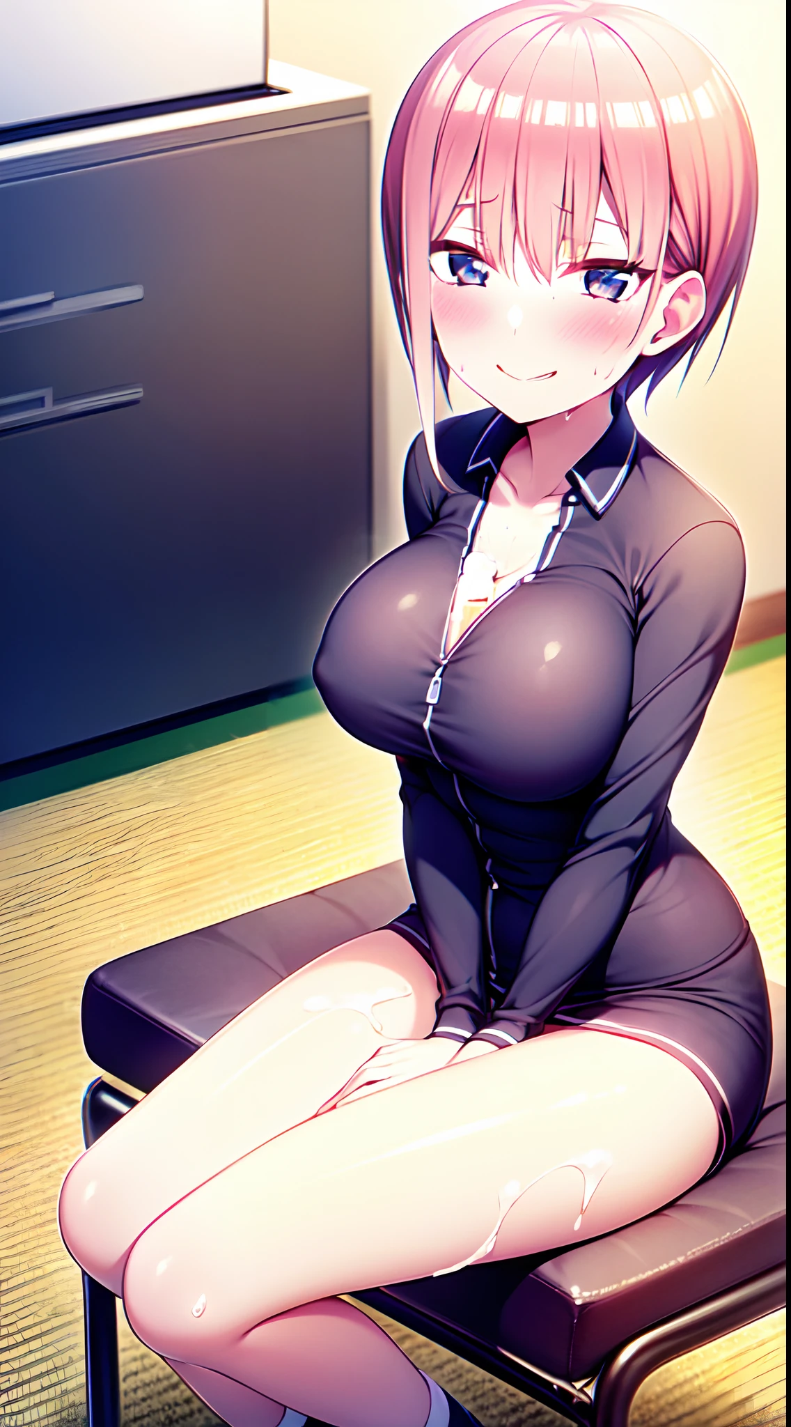 (Sitting on a chair with legs spread)、directly in front、Japan schoolgirl uniform、a miniskirt、(Pubic streak enhancement)、(White panties in full view)、Unbutton white shirt to emphasize cleavage、short-haired、a smile、red blush、‎Classroom、8k、ighly detailed、Top image quality、top-quality、超A high resolution、​masterpiece、１a person、A detailed eye、beautidful eyes、Light in the eyes、animesque、２Ｄ、(Normal milk:1.6)、(Seductive thighs:1.0)、Half-taken uniform、Unbuttoned exposed breasts、Staring with upturned eyes、Blushing、shot from top、Close-up on the face、Drenched in sweat、Sheer underwear、Open knees、open one's legs、（Masturbation behavior:2.0）、Sweating and getting wet、[Sexual arousal:1.1]、a navel、Open Button、