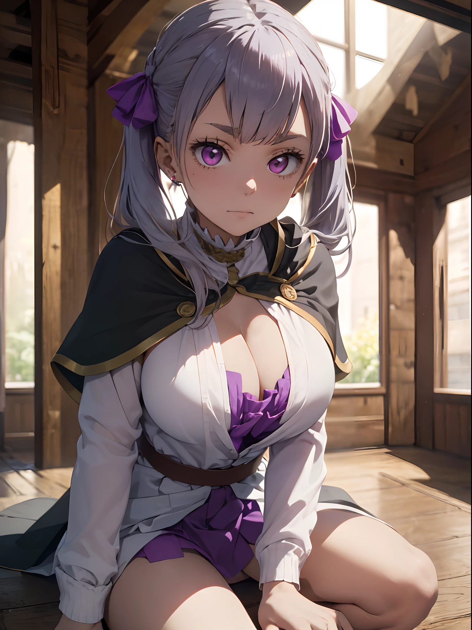 (((masterpiece, best quality, highres))), beautiful noelle_silva, long hair, (hair ribbons, purple colored hair ribbons), (white hair, silver hair), twin tails, pig tails, bangs, earring, jewelry, silver hair, purple eyes, mage_dress, white dress, skirt, (black colored capelet), long sleeves, large breast, (cleavage), large boobs, indoors, (sitting, on knees, kneeling down), room, blur background, ((cowboy shot)), alluring face, 4k