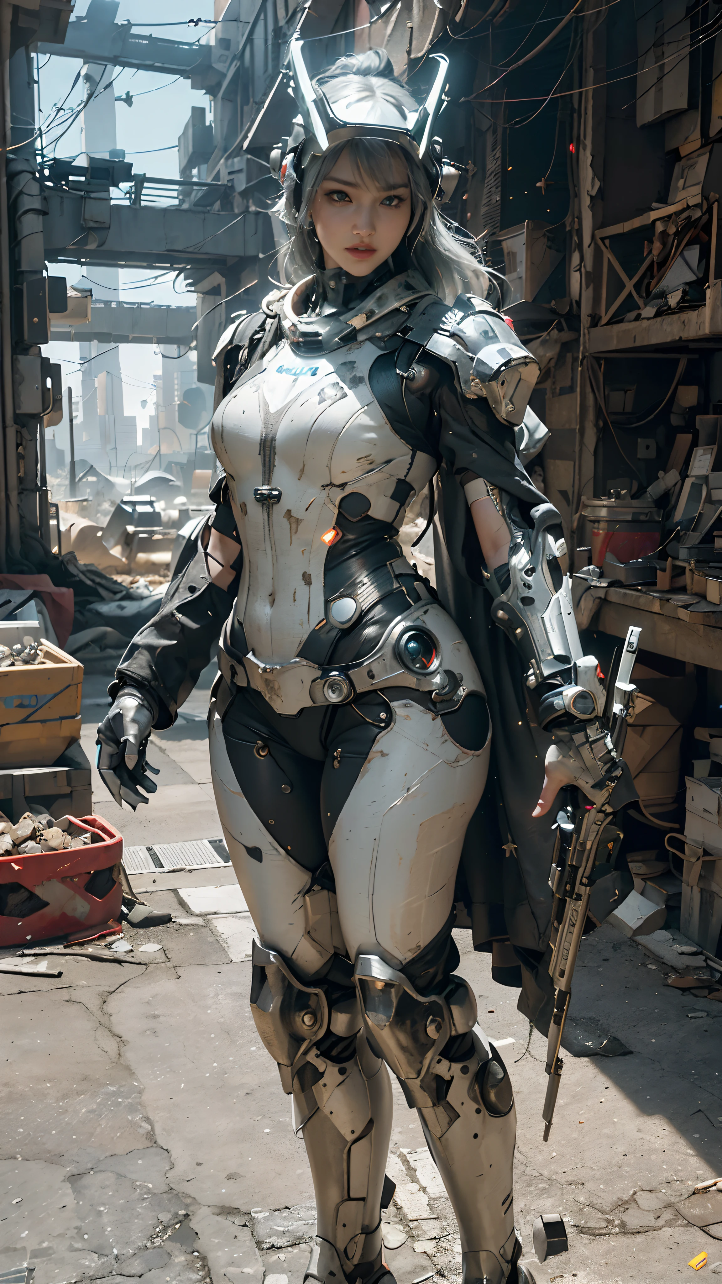 ((best quality)), ((masterpiece)), ((realistic)), (detailed), (photorealistic:1.5), a futuristic girl, (thick body), (white bodysuit), lights on armor, cybernetic headwear, looking at viewer, dynamic pose, post apocalyptic, destroyed city background, buildings on fire, science fiction, hdr, ray tracing, nvidia rtx, super-resolution, unreal 5, subsurface scattering, pbr texturing, post-processing, anisotropic filtering, depth of field, maximum clarity and sharpness, rule of thirds, 8k raw, (luminescent particles:1.4), (extremely detailed cg, unity 8k wallpaper, 3d, cinematic lighting, lens flare), reflections, sharp focus, cyberpunk art, cyberpunk architecture,