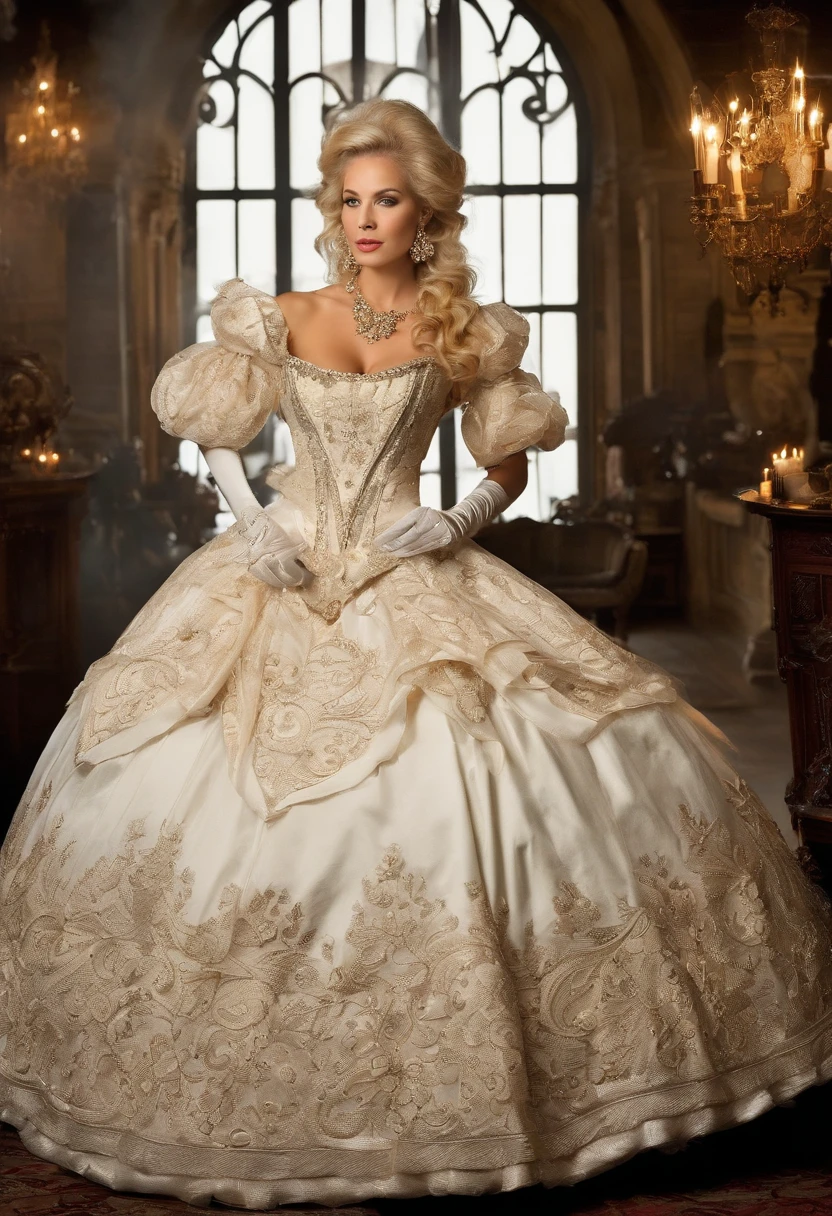A stunningly beautiful blonde fairytale Princess shining with Royal Pomp and Regal Splendor, wearing a Stately and (((Elaborate))) Royal Cinderella Wedding Dress of Silver and White Brocade, with (((enormous puffed sleeves))) a stiffly boned, padded and corseted bodice, an hourglass waist, a (((huge crinoline hoopskirt))) and (((bustle))), adorned with ribbons, bows, roses, lace, ruffles, frills, embroidery, and jewels, elaborately curled and styled hair, long white gloves, pearl and diamond necklace and earrings