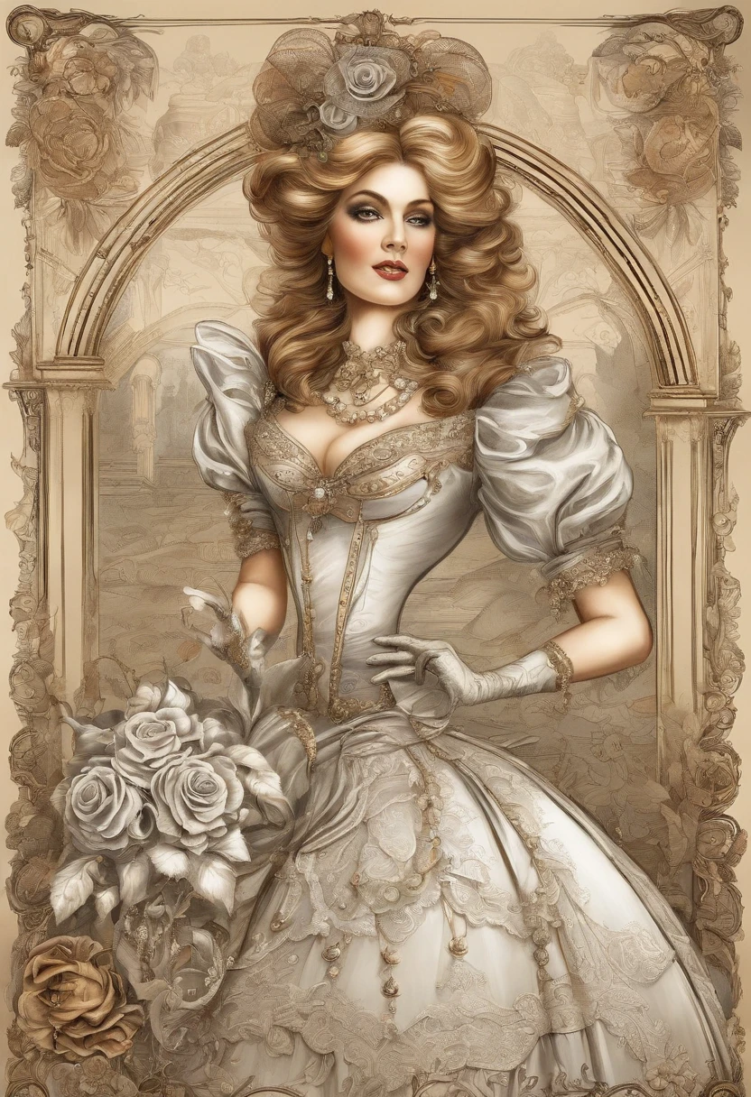 A stunningly beautiful blonde fairytale Princess shining with Royal Pomp and Regal Splendor, wearing a Stately and (((Elaborate))) Royal Cinderella Wedding Dress of Silver and White Brocade, with (((enormous puffed sleeves))) a stiffly boned, padded and corseted bodice, an hourglass waist, a (((huge crinoline hoopskirt))) and (((bustle))), adorned with ribbons, bows, roses, lace, ruffles, frills, embroidery, and jewels, elaborately curled and styled hair, long white gloves, pearl and diamond necklace and earrings