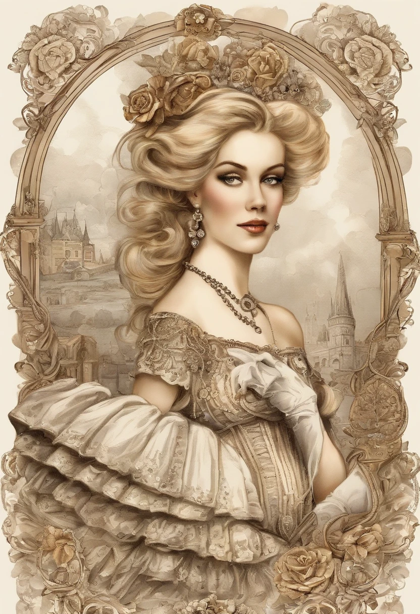A stunningly beautiful blonde fairytale Princess shining with Royal Pomp and Regal Splendor, wearing a Stately and (((Elaborate))) Royal Cinderella Wedding Dress of Silver and White Brocade, with (((enormous puffed sleeves))) a stiffly boned, padded and corseted bodice, an hourglass waist, a (((huge crinoline hoopskirt))) and (((bustle))), adorned with ribbons, bows, roses, lace, ruffles, frills, embroidery, and jewels, elaborately curled and styled hair, long white gloves, pearl and diamond necklace and earrings