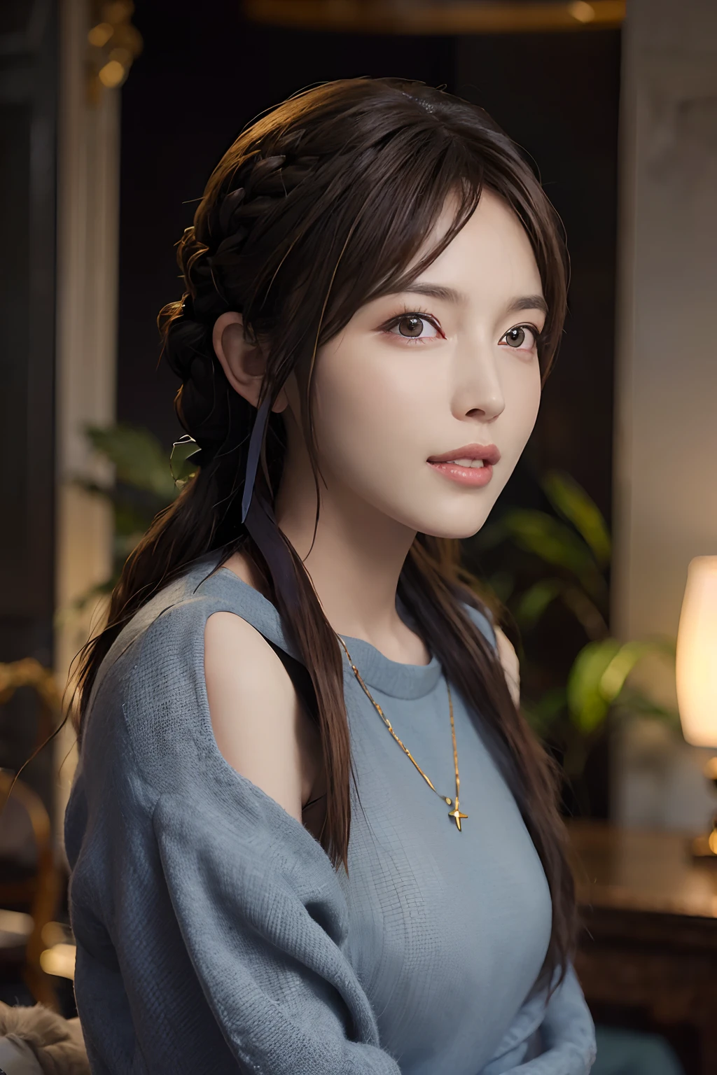 (masuter piece:1.3)、(8K、Photorealsitic、Raw photography、top-quality: 1.4)、(1girl in)、beautiful countenance、(Lifelike face)、(lightbrown hair、Longhaire:1.3)、(Braid hair:1.4)、Beautiful details、(real looking skin)、Beautiful skins、absurderes、enticing、超A high resolution、A hyper-realistic、high-detail、the golden ratio、、bilaterally symmetrical