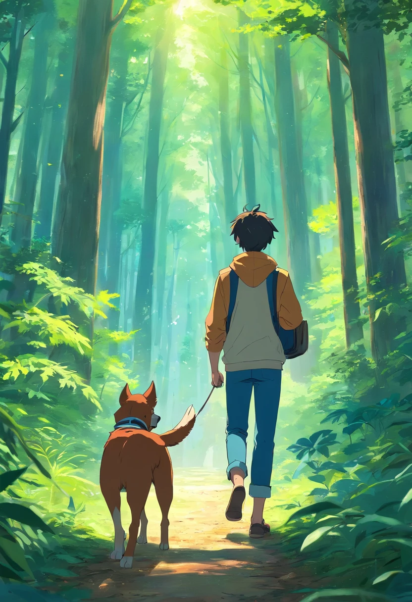 homme avec un chien dans une foret