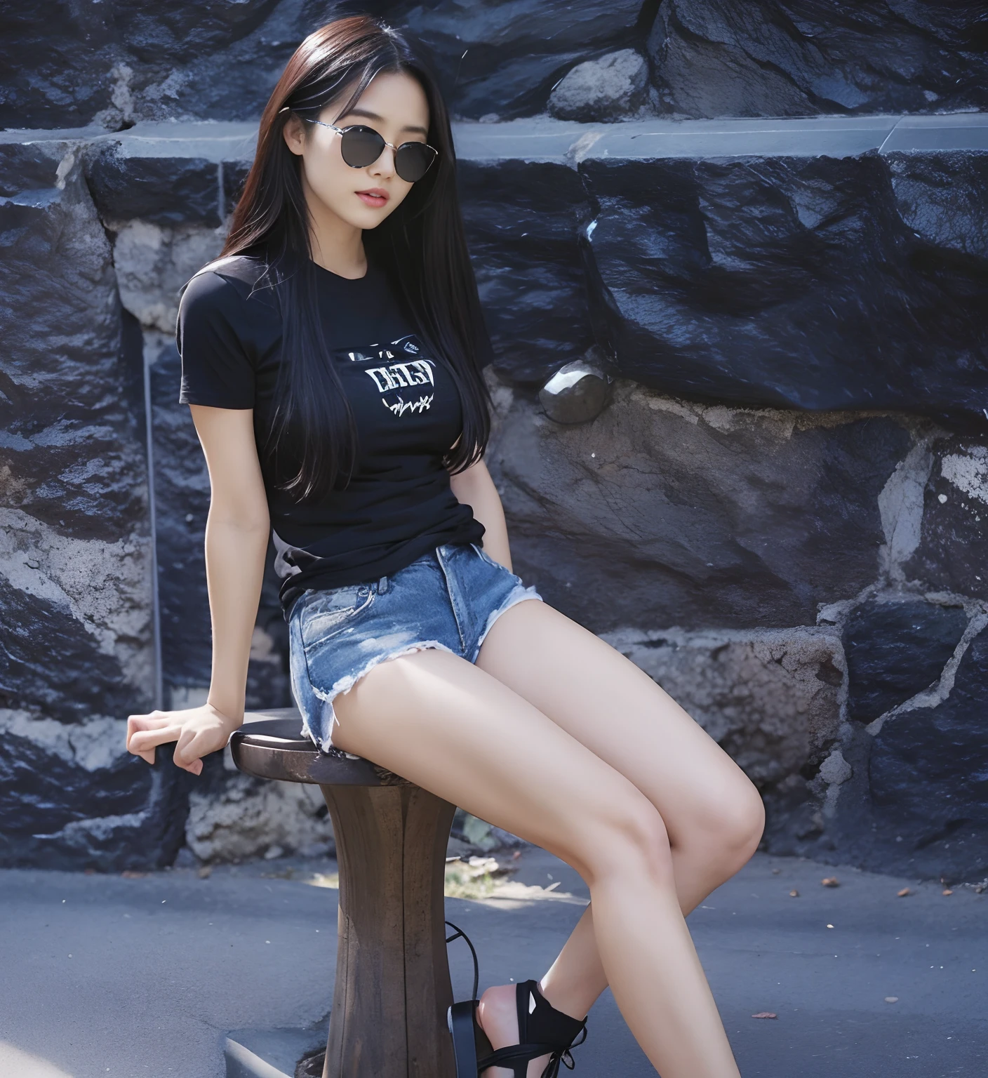 A Japanese Lady、beauitful face、二重まぶた、Black sunglasses、Long Black Hair、Short sleeved shirt、Micro shorts、arms in arms、beauty legs、Raw feet、Clean thighs、tall、model poses