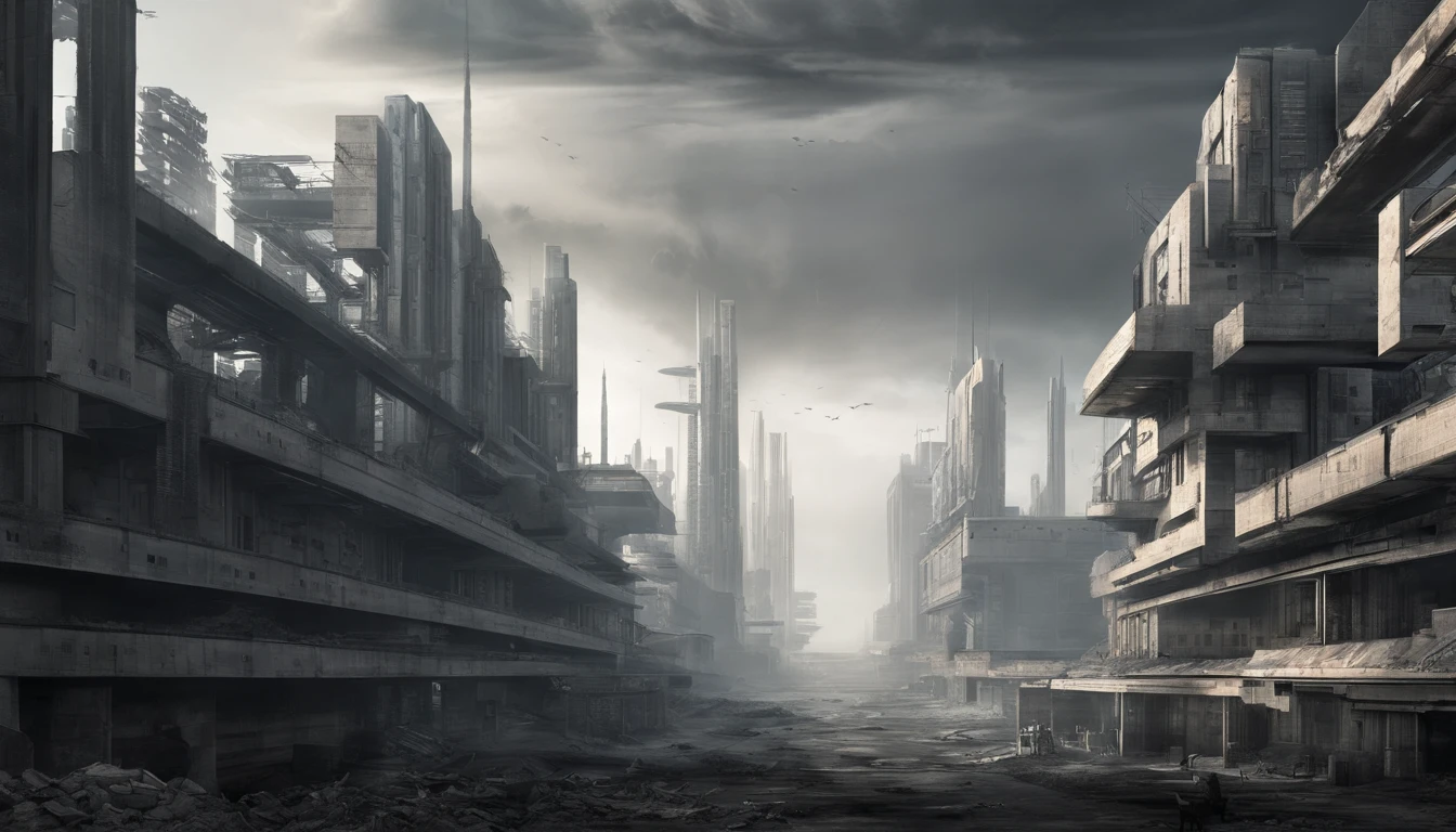 A dystopian futuristic metropolis with lots of brutalist architecture
