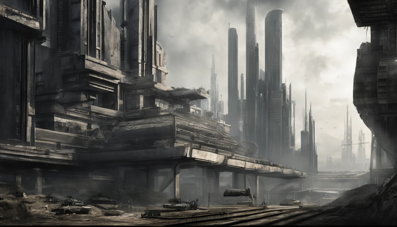 A dystopian futuristic metropolis with lots of brutalist architecture