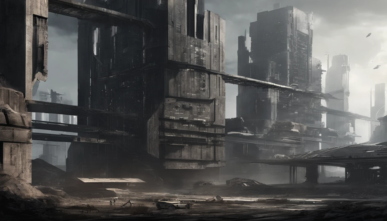 A dystopian futuristic metropolis with lots of brutalist architecture