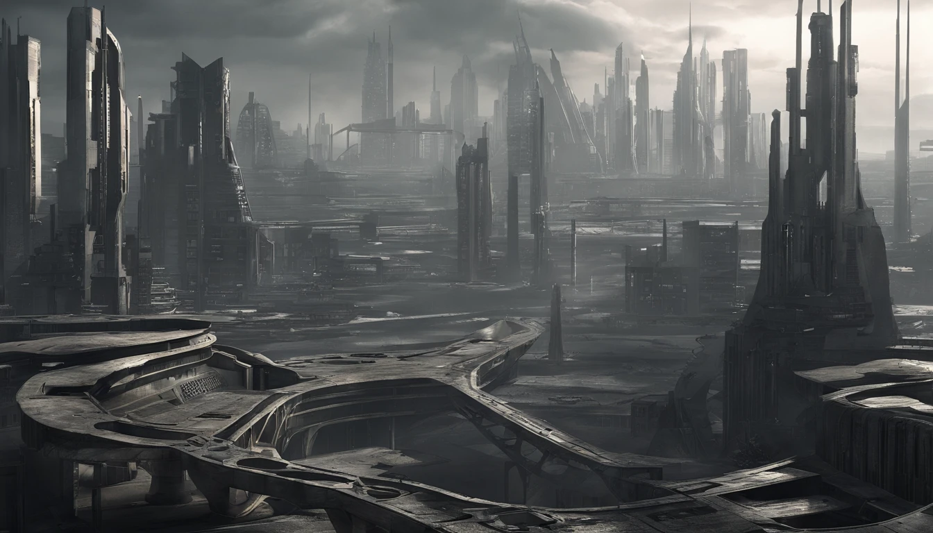 A dystopian futuristic metropolis with lots of brutalist architecture