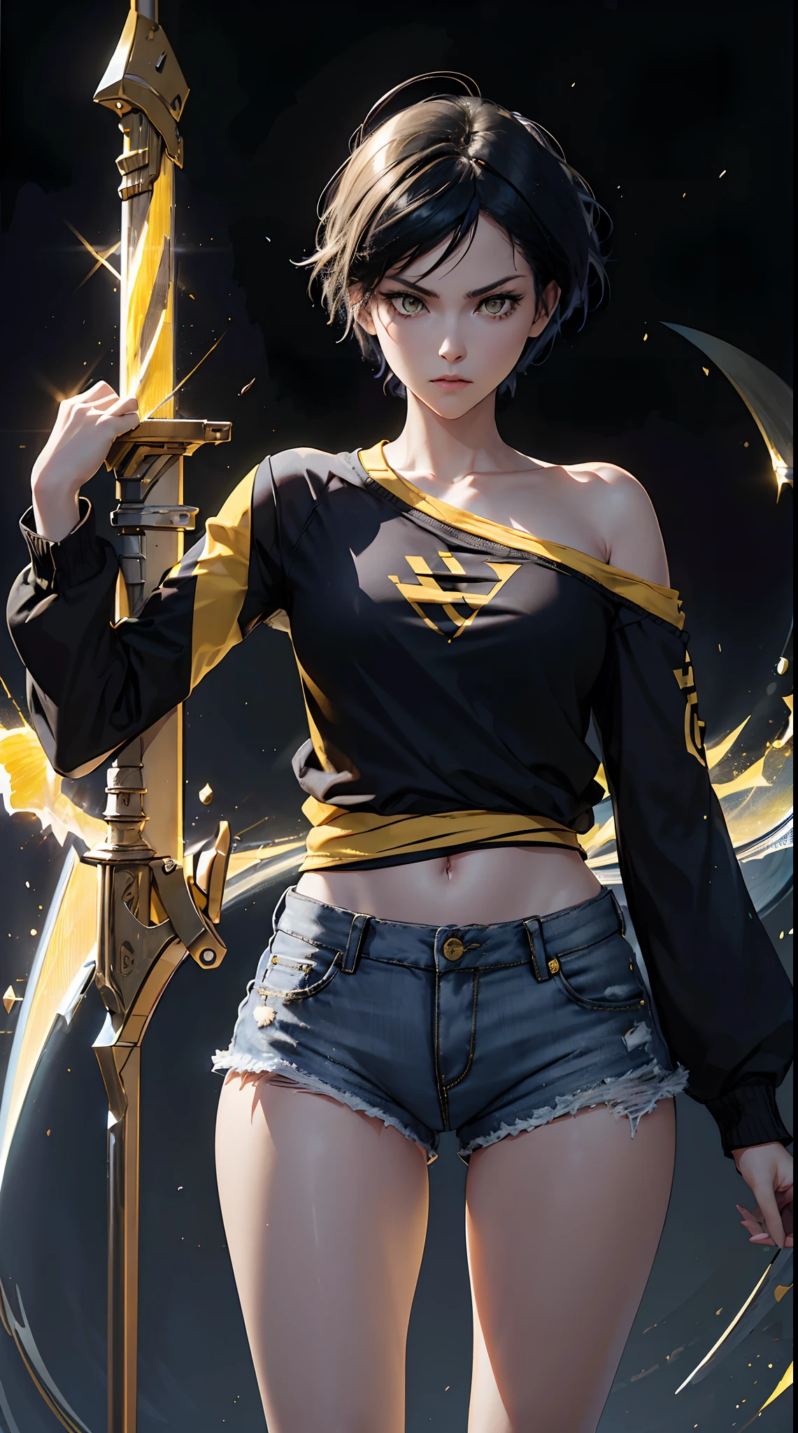 Woman, fight pose, Baddas stare,Hold a yellow sword with a yellow lightning emblem, yellow short wispy Pixie hair, yellow eyes, yellow short shirt, black hotpants jeans, black Jacket sweater ,In the middle of the shirt there is an omega symbol,HD lighting and dark )<=(epic image quality)dark atmosphere with bright particle light(many effects in background)