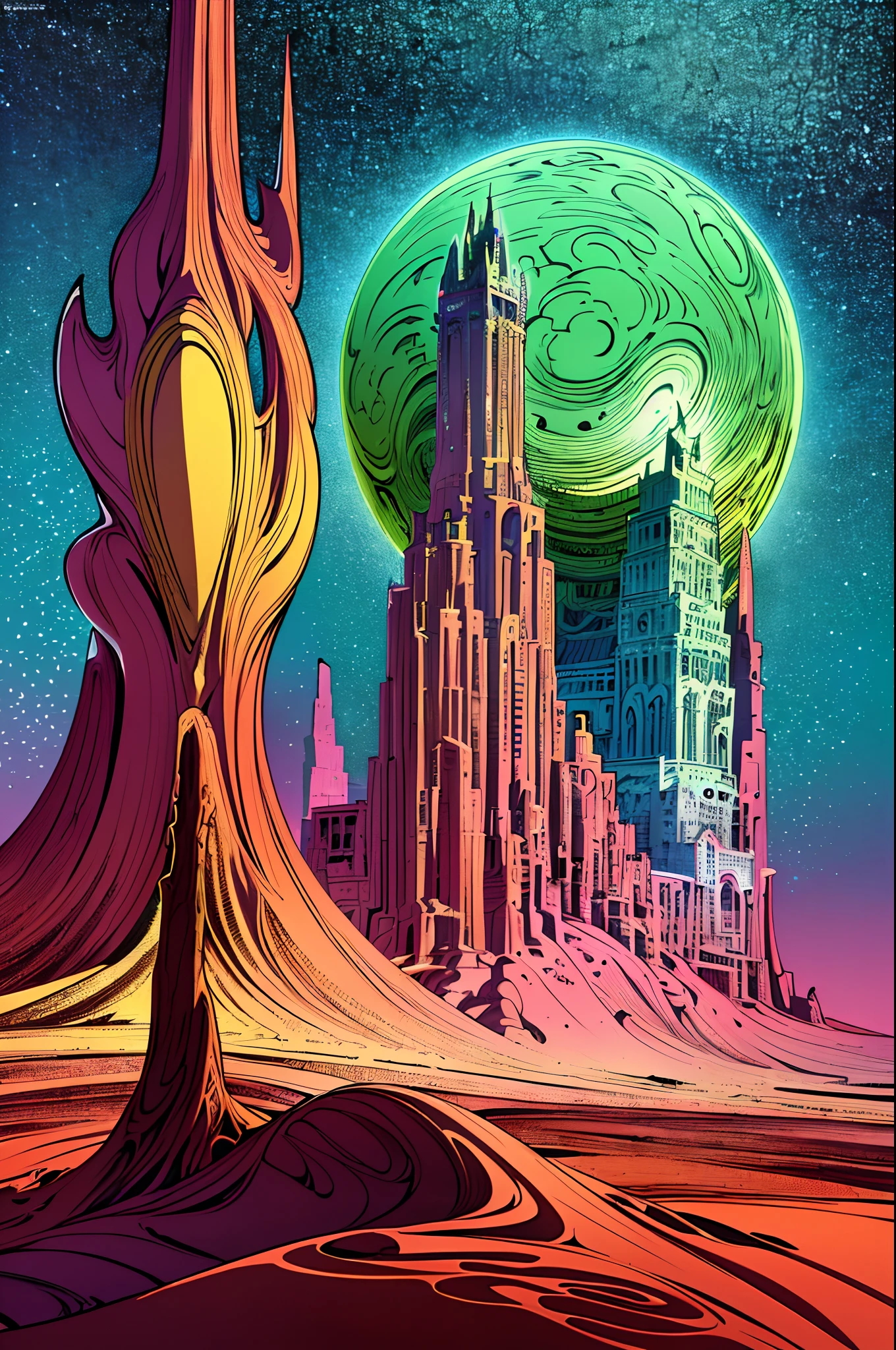 (best quality,4k,8k,highres,masterpiece:1.2),ultra-detailed,(realistic,photorealistic,photo-realistic:1.37),Moebius,Moebius style,Moebius,by Moebius,masterful display of Moebius style,ethereal otherworldly realm,intricate details,surreal landscapes,gritty atmosphere,cinematic composition,stylized contrast,comic book aesthetic,eerie ambiance,cybernetic elements,futuristic scenery,elaborate world-building,dreamlike journey,subtle color palette,mesmerizing lighting,mystical beings and creatures,organic architectural structures,lush vegetation and flora,floating islands and mountains,enchanted waterfalls and streams,cross-dimensional portals,mythical ruins and ancient artifacts,extraterrestrial wildlife,spiritual energy emanating from natural elements,astral skies,harmony between nature and technology,immersive and thought-provoking,rich narrative and storytelling,depicts a surreal fairy landscape with a sci-fi twist,invokes a sense of wonder and adventure.