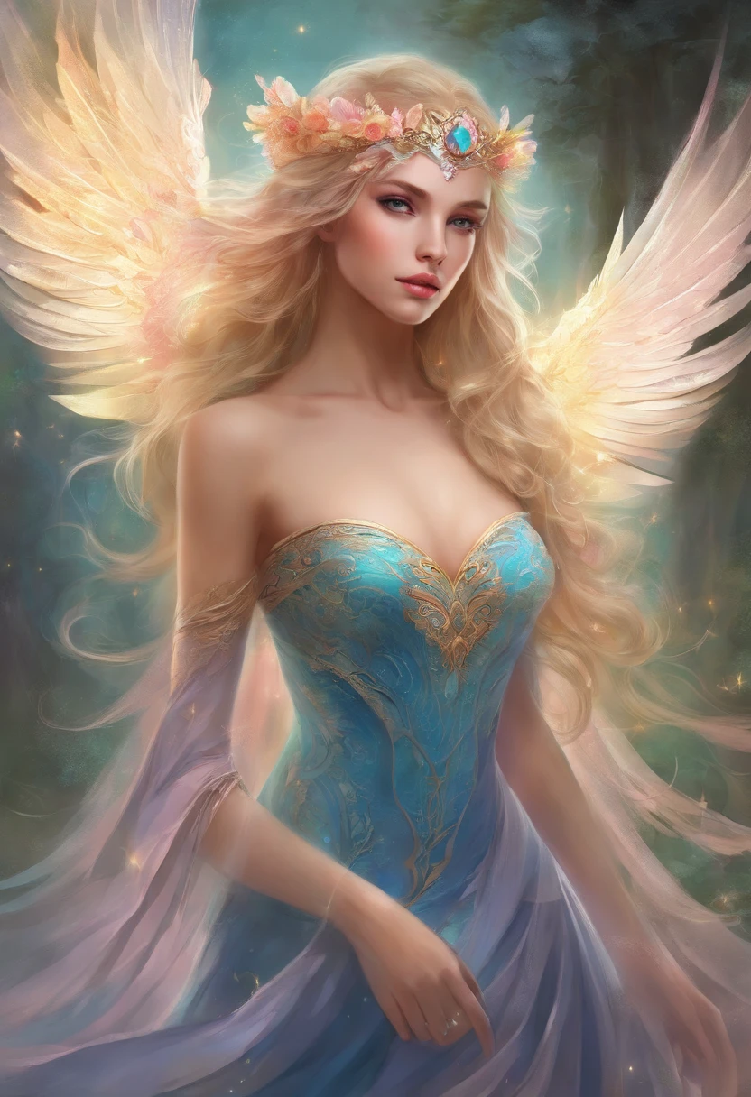 (mejor calidad, obra maestra), 1 chica, sola, primer plano, mirando al espectador, (cabello largo y ondulado, color negro), (ojos azules, pupilas brillantes), (tez clara, rubor, labios rosas) (vestido de princesa, corona).