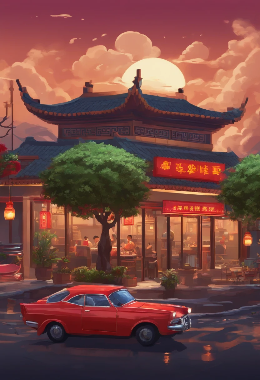Pixel Art Car,Chinese restaurant,Chinese food,There are many delicious dishes,Wok is falling from the sky,Steam is coming out of the dishes。