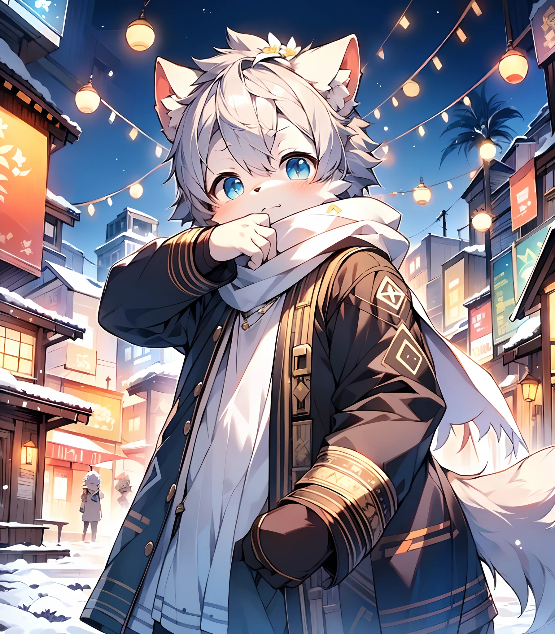 Highest image quality，A masterpiece，Delicate hands，finely-detailed eyes，Normal eyes，Gray wolf ears，Furry，Gray hair，adolable，Handsome，（（White scarf）），Shota， Blue pupil, city night scene, Gray hair, By bangs，Dappled light and shadow, short detailed hair，ember，There are bright eyes of God, 城市，winter background，2022，Outfit in black，独奏，New Year，Melon seed face，snowflower，rcasual