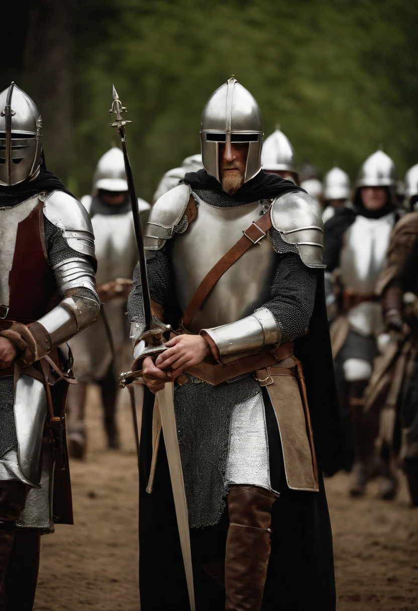 Knight Templars' reaction to a surprising event, highlighting their mystique and intrigue as historical figures., award winning studio photography, professional color grading, soft shadows, no contrast, clean sharp focus, film photography, 35mm lens, Carl Zeiss, f/0.7, highly detailed, hyperdetailed, full body