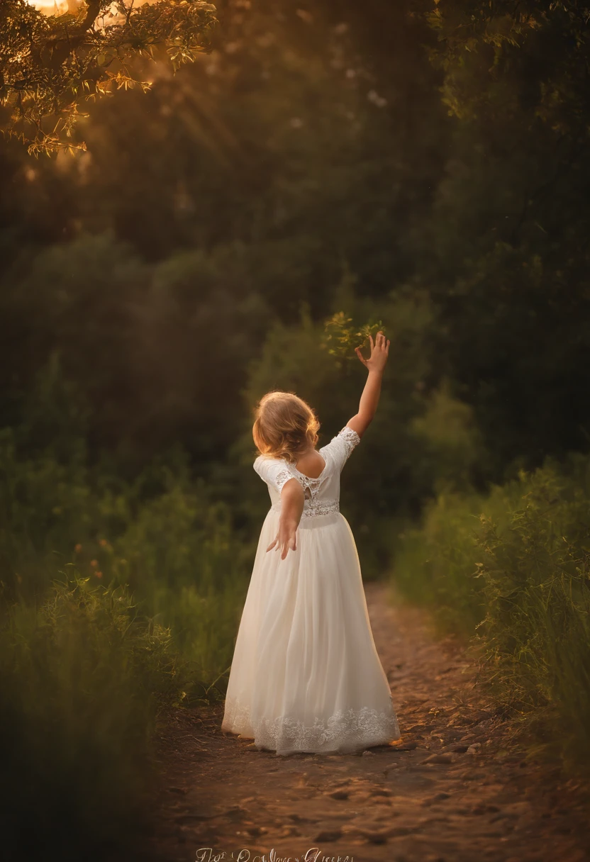 (8k, Foto RAW, La mejor calidad, Obra maestra), ultrahigh resolution, (realista, foto realista), 1 girl 3-4 years old, sin emociones, solamente, cabello rubio, ojos verdes, Pro Lighting, detailed lighting, Luz de fondo, Profundidad de campo, natural  lighting, foco nítido, Distancia de disparo de dos metros, professional photo shoot, ojos detallados, ojos realistas, Sombra detallada, vestida con un vestido blanco antiguo, and in the background a landscape in the morning