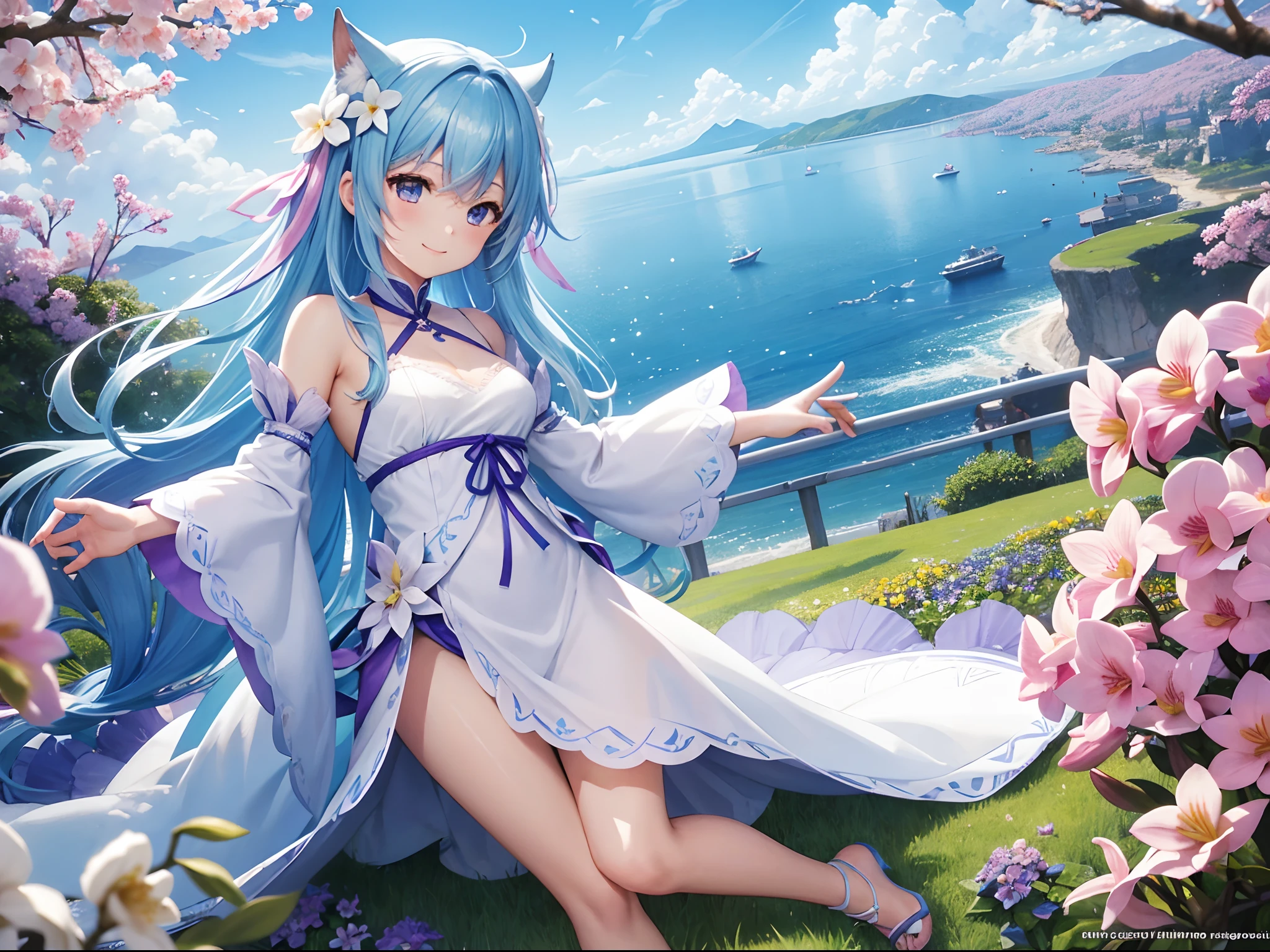 (hight resolution、ultra-detailliert、nffsw、movie)、独奏、1girl in、Happiness、girl standing in a flower field、Girl around the petals、A charming smile、full body Esbian、Long-haired girl with blue hair、lightblue hair、facing front、Fantasia、Official art、pop-art、profile、hyperdetailed face、ultradetailed eyes、Orchid Flower Garden、Ultra Detailed Fields、White blue sky、 shuicolor、blanche、Nebulae in the sky、watercolor paiting、PastelColors
