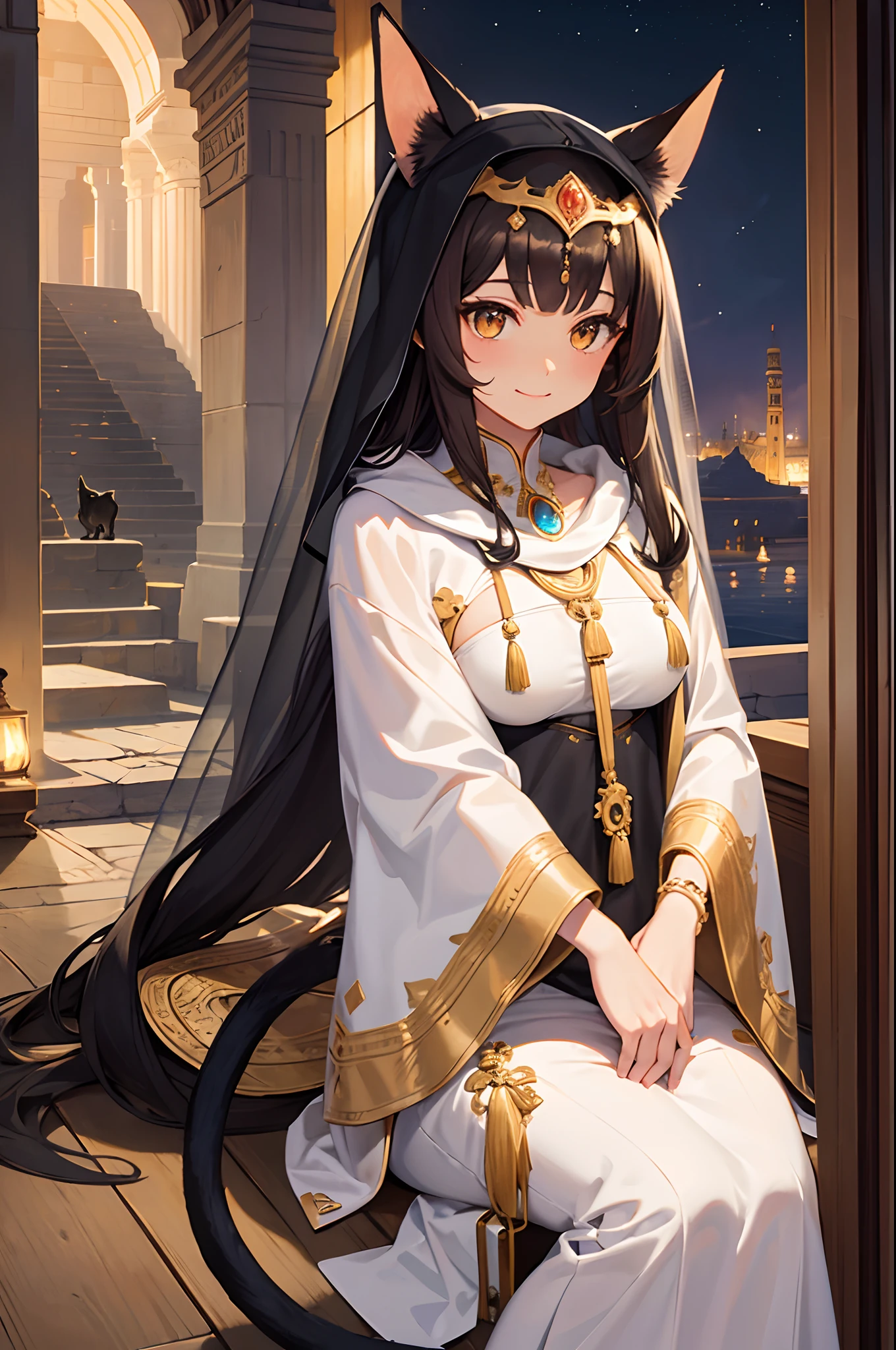 masterpiece, highlydetailed, ultra-detailed, solo, (1girl), (light skin), white eyes, long hair, dark brown hair, black cat tail, white cat ears, Anubis girl, small boobs, (Arabian background), (desert), (Arabian clothes), (warm smile), (veil), (shawl), (headpiece), (jewelry), (princess), polite, short, young, priestess, shy, tample