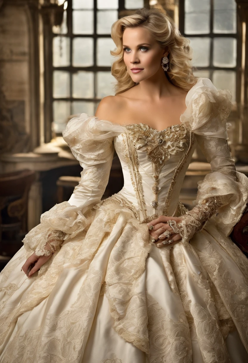 A stunningly beautiful blonde fairytale Princess Reese Witherspoon shining with Royal Pomp and Regal Splendor, wearing a Stately and (((Elaborate))) Royal Cinderella Wedding Dress of Silver and White Brocade, with (((enormous puffed sleeves))) a stiffly boned, padded and corseted bodice, an hourglass waist, a (((huge crinoline hoopskirt))) and (((bustle))), adorned with ribbons, bows, roses, lace, ruffles, frills, embroidery, and jewels, elaborately curled and styled hair, long white gloves, pearl and diamond necklace and earrings