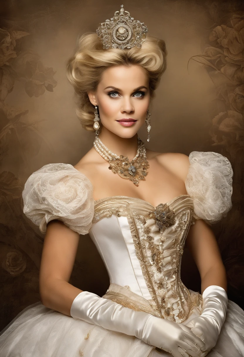 A stunningly beautiful blonde fairytale Princess Reese Witherspoon shining with Royal Pomp and Regal Splendor, wearing a Stately and (((Elaborate))) Royal Cinderella Wedding Dress of Silver and White Brocade, with (((enormous puffed sleeves))) a stiffly boned, padded and corseted bodice, an hourglass waist, a (((huge crinoline hoopskirt))) and (((bustle))), adorned with ribbons, bows, roses, lace, ruffles, frills, embroidery, and jewels, elaborately curled and styled hair, long white gloves, pearl and diamond necklace and earrings