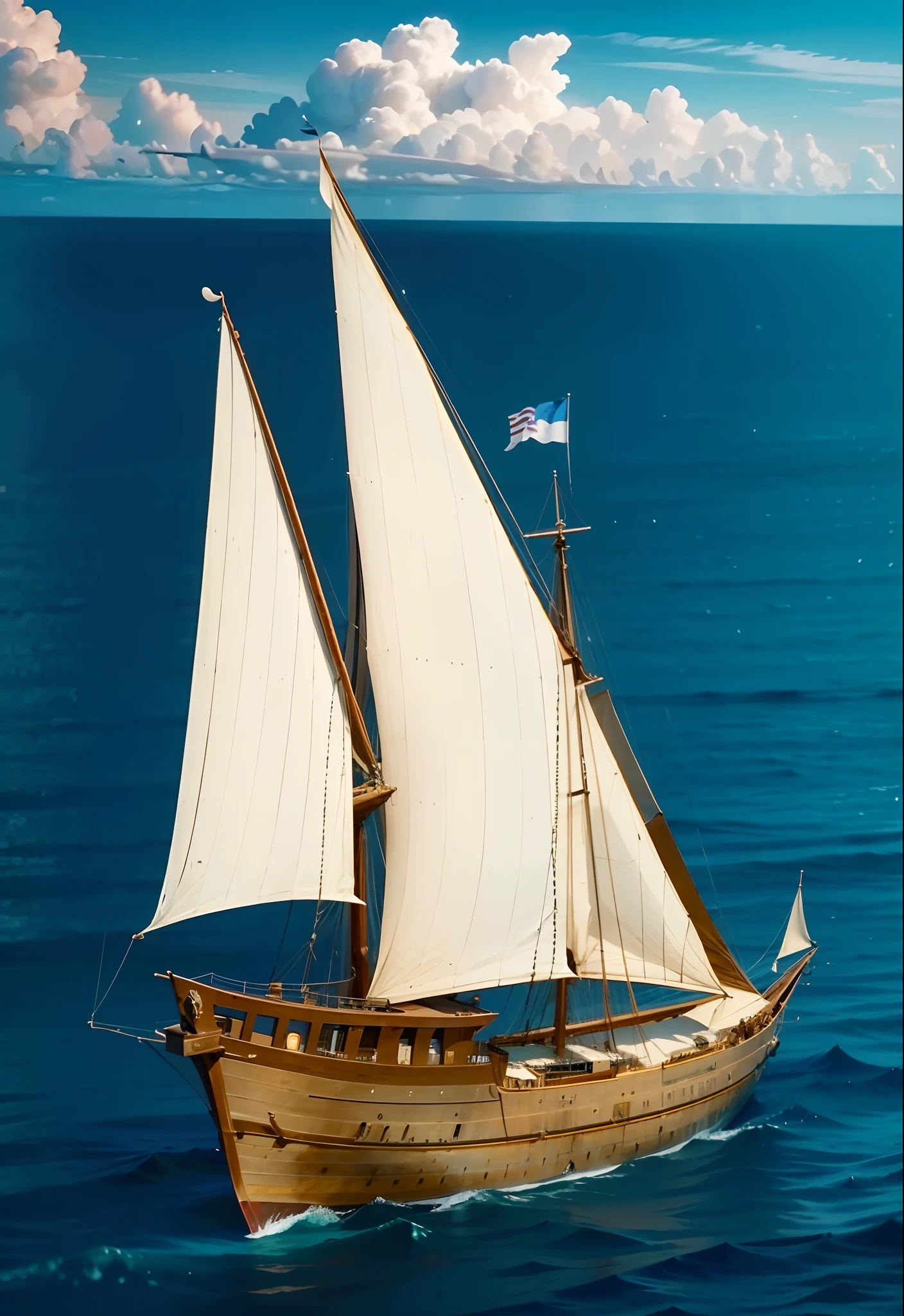 Show the whole and complete medium size caravel ship, the main mast and the aft mast, There are only two masts in total, Early 16th century, medium size and quite streamlined and quite narrow hull, The sails have several pieces, 21 feet long, 7 feet wide, 4 feet wide. The boat is characterized by being strong enough and maneuverability, small, 50 tons. The hull is low volume, The side of the ship is low