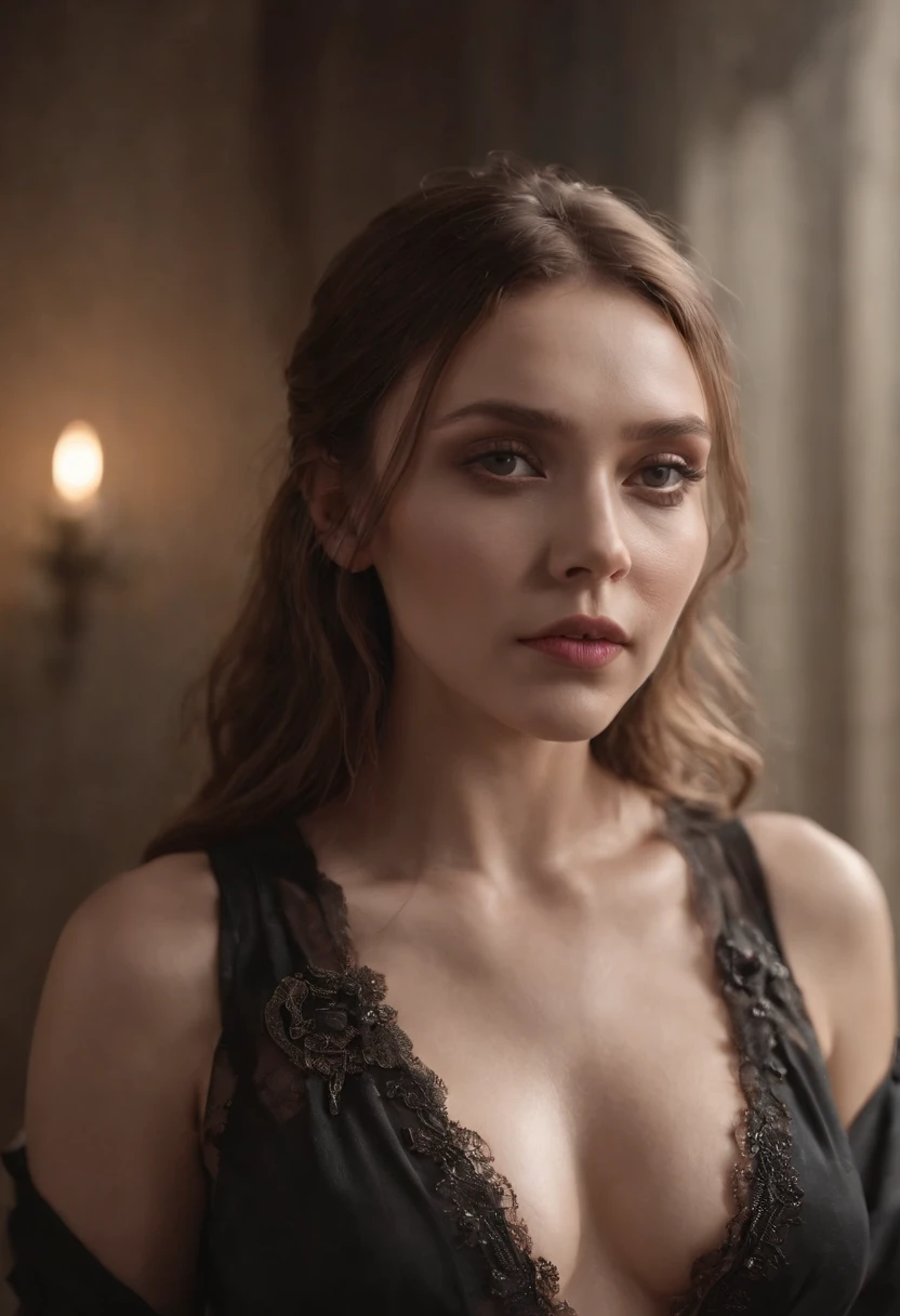 Elizabeth Olsen evil whore with underwear, holding cross, photoshoot for playboy,perfect model body, full body shot, high heel boots, full beautiful young detailed face, seductive look, satanic temple, blasphemy, sacrilegious, eyes on camera, full face, nice lips, perverted expression , evil smlie, revealing body, intense eye liner, satanic pentagram necklace, sin, lust, nsfw, bloom, ((cold light)), sharp focus, photo realistic, detailed skin, background out of focus, cinematic composition , ultra-detailed, realistic , hyper-realistic , volumetric lighting, 8k, trending on artstation