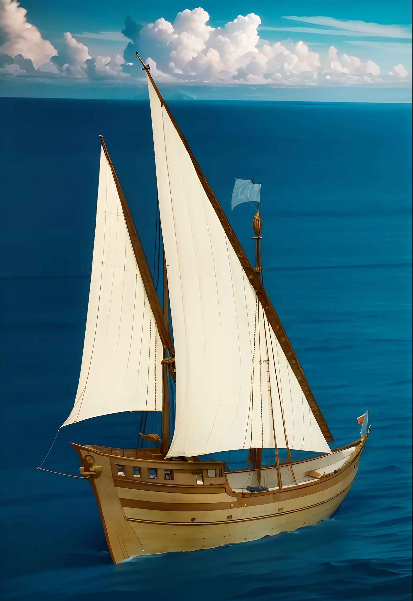 Show the whole and complete medium size caravel ship, the main mast and the aft mast, There are only two masts in total, Early 16th century, medium size and quite streamlined and quite narrow hull, The sails have several pieces, 21 feet long, 7 feet wide, 4 feet wide. The boat is characterized by being strong enough and maneuverability, small, 50 tons. The hull is low volume, The side of the ship is low