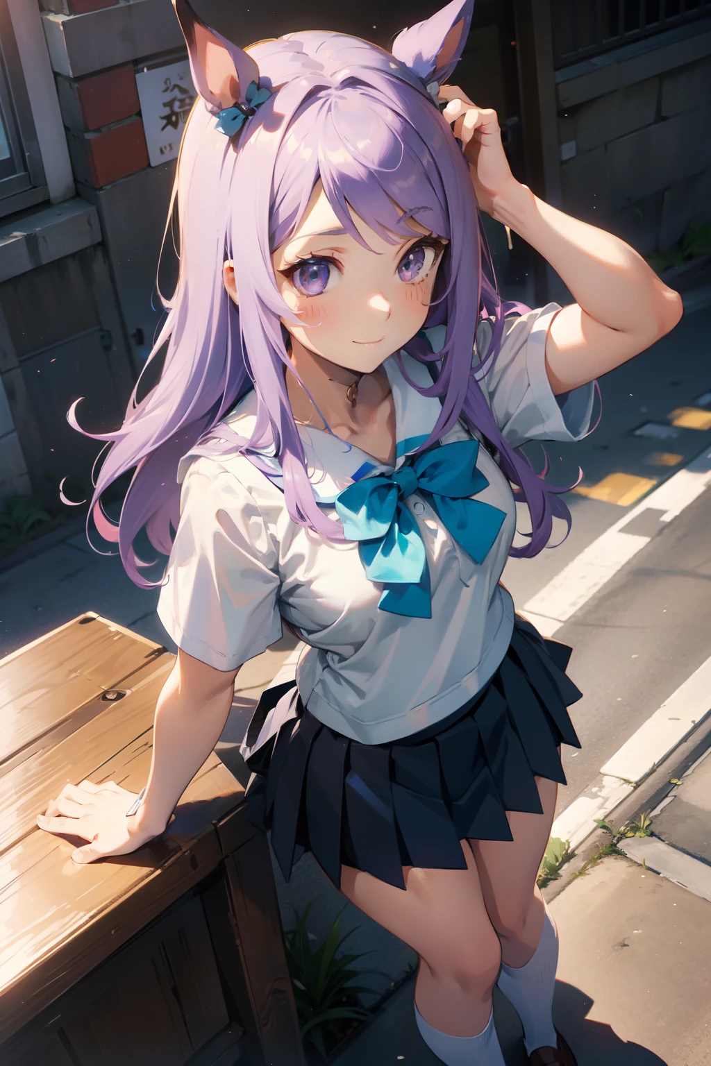Mejiro McQueen,(Chibi,sketch,anime colours,From above,Front view:1.2),tracen school uniform, Summer uniform, serafuku, Puffy Short Sleeves, purple bowtie, Horseshoe ornament, Sailor collar, sailor shirt, Purple shirt, White skirt, Pleated skirt, frilld, Miniskirt, zettai ryouiki, white thighhig, Brown Footwear, lowfers,A smile,thighs thighs thighs thighs.bent over