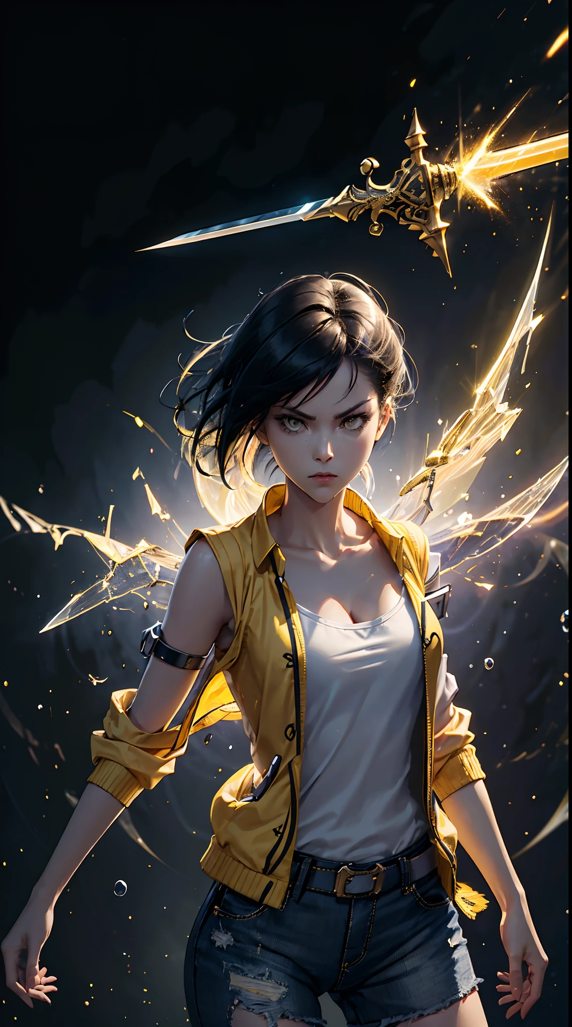 Woman, fight pose, Baddas stare,Hold a yellow sword with a yellow lightning emblem, yellow short wispy Pixie hair, yellow eyes, yellow short shirt, black hotpants jeans, black Jacket sweater ,In the middle of the shirt there is an omega symbol,HD lighting and dark )<=(epic image quality)dark atmosphere with bright particle light(many effects in background)