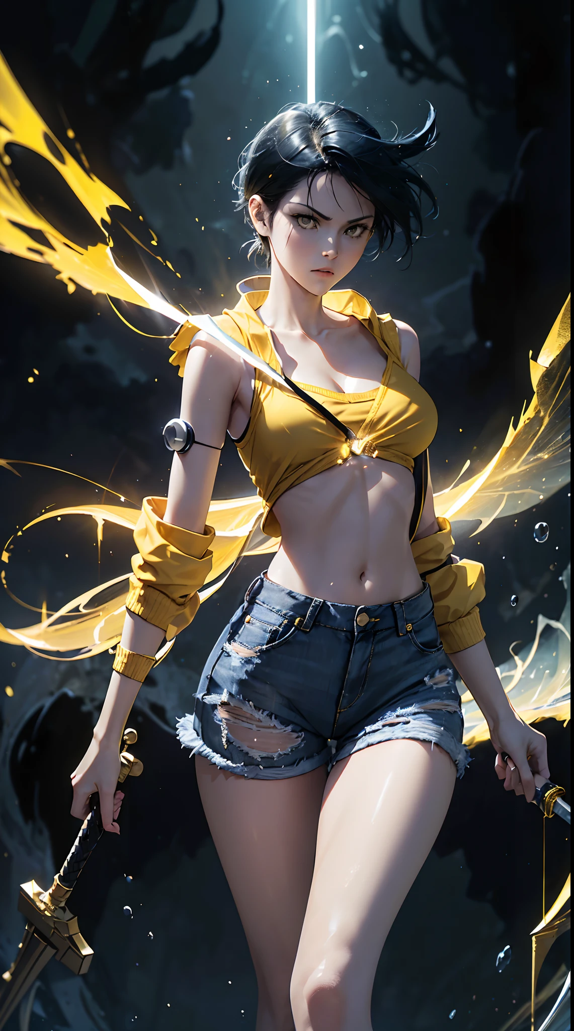 Woman, fight pose, Baddas stare,Hold a yellow sword with a yellow lightning emblem, yellow short wispy Pixie hair, yellow eyes, yellow short shirt, black hotpants jeans, black Jacket sweater ,In the middle of the shirt there is an omega symbol,HD lighting and dark )<=(epic image quality)dark atmosphere with bright particle light(many effects in background)