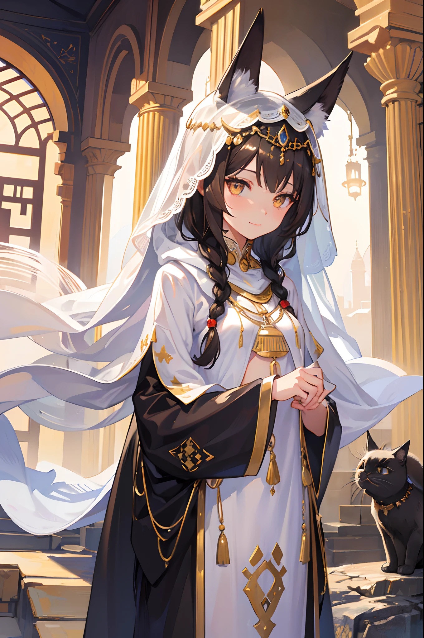 masterpiece, highlydetailed, ultra-detailed, solo, (1girl), (light skin), white eyes, long hair, dark brown hair, black cat tail, white cat ears, Anubis girl, small boobs, (Arabian background), (desert), (Arabian clothes), (warm smile), (veil), (shawl), (headpiece), (jewelry), (princess), polite, short, young, priestess, shy, tample