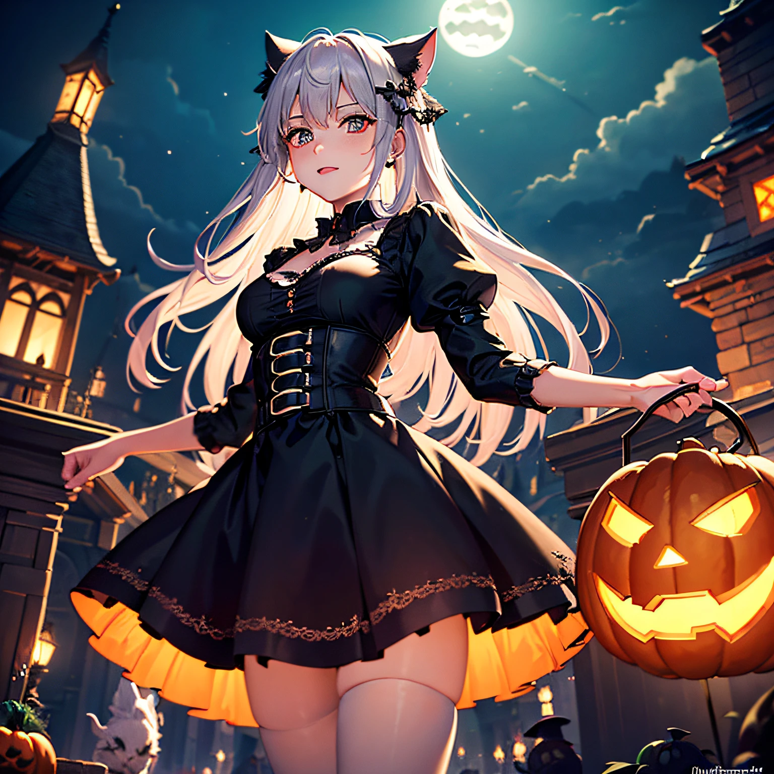 (Unschlagbares Meisterwerk), ((Kein Mensch)), ((keine Frau)), Halloween, ((Katze)), Pumpkin, ultrarealistische 8K-CG, Perfektes Artwork, Blick auf das Publikum, great lightning, Bei Nacht, Mond, Nebel, gruselig