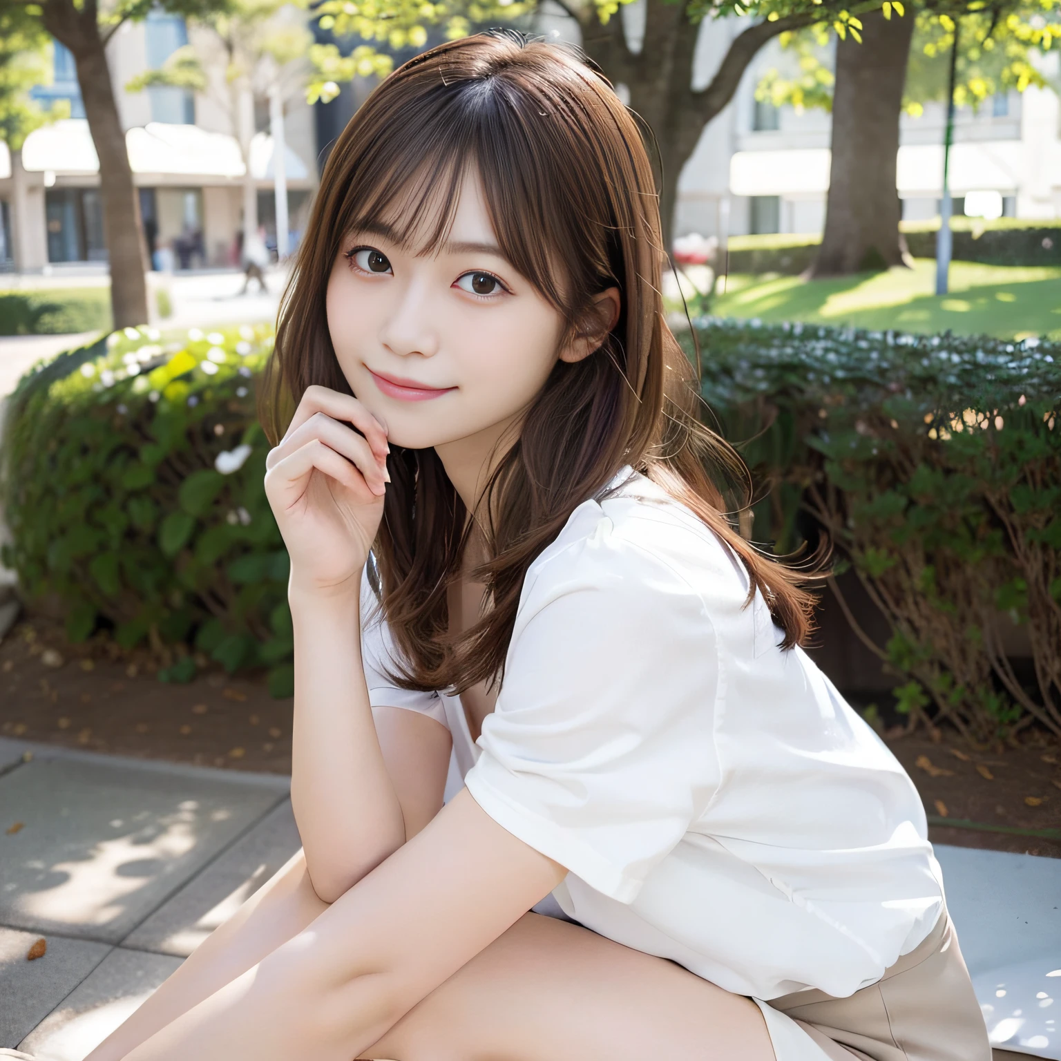 Araffe asian woman sitting on a bench in a park - SeaArt AI