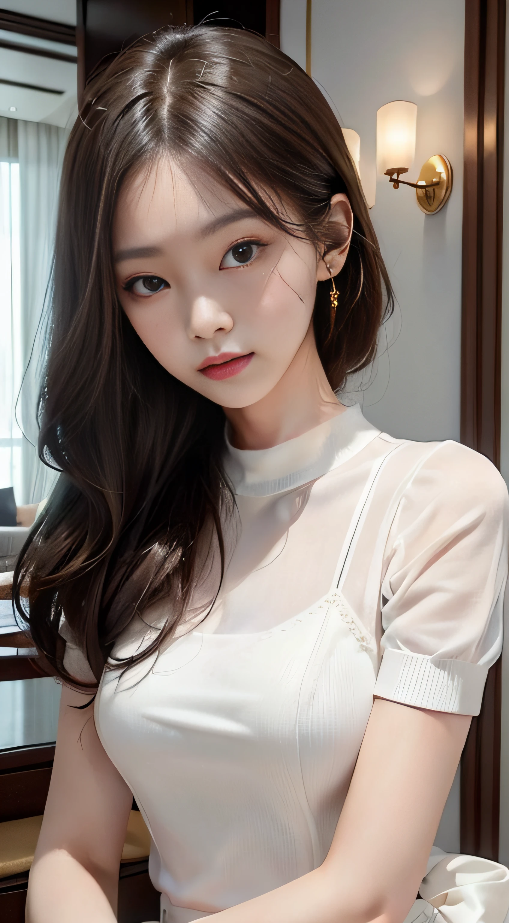 masterpiece、Top image quality:1.2、((beautiful young woman with))、Transparent skin:1.2、{A slight smil}、(kawaii)、Transparent short sleeve knit:1.2、luxury hotel、depth of fields、Sharp Focus:1.5、Fine details