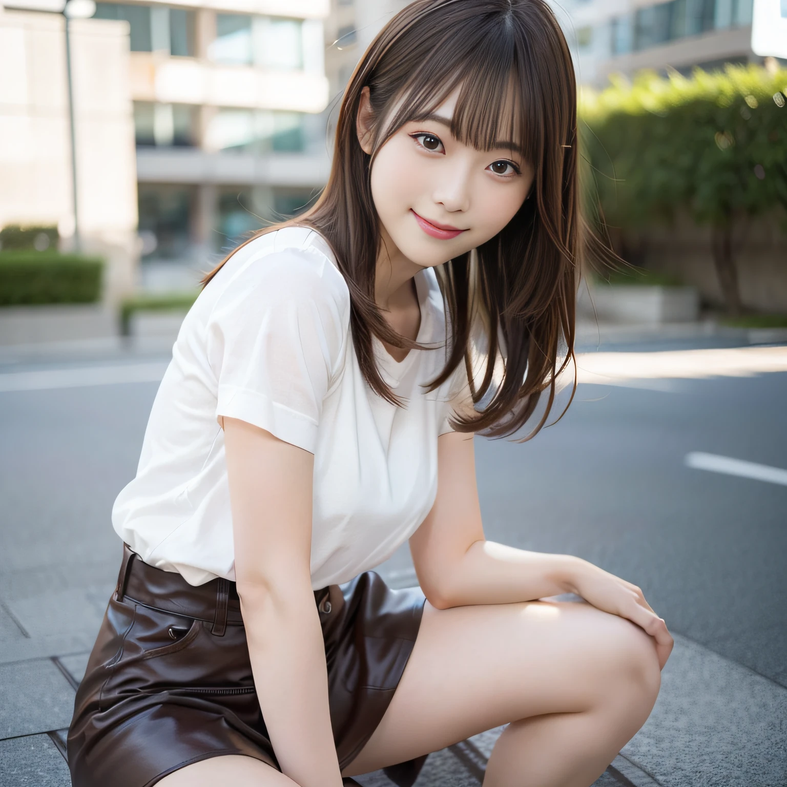 in 8K,Best Quality:1.4, 超A high resolution:1.5, (Photorealistic:1.4),masterpiece:1.2,(top-quality:1.4)、 Raw photo、 (From the knee up:1.8, From Side:0.7), (the background is blurred), a park,FULL BODYSHOT:1.4、 1日本人の女の子, Cute, (Solo), (Shy smile), Smooth skin、TThe shirt、a miniskirt、 (Brown medium hair,Bangs), (touch hair:1.4)、nogizaka、cute little、Supple fingertips,Beautiful black eyes、natural skin textures:1.3, realistic eyes and face details:1.7、middlebreasts、Gravure Pose:1.1、Toned buttocks:1.2、gazing at viewer,thighs thighs thighs thighs、((dynamicposes))、(camel's toe)、(half)、(panthyhose)、(Sitting on legs bending the knees)