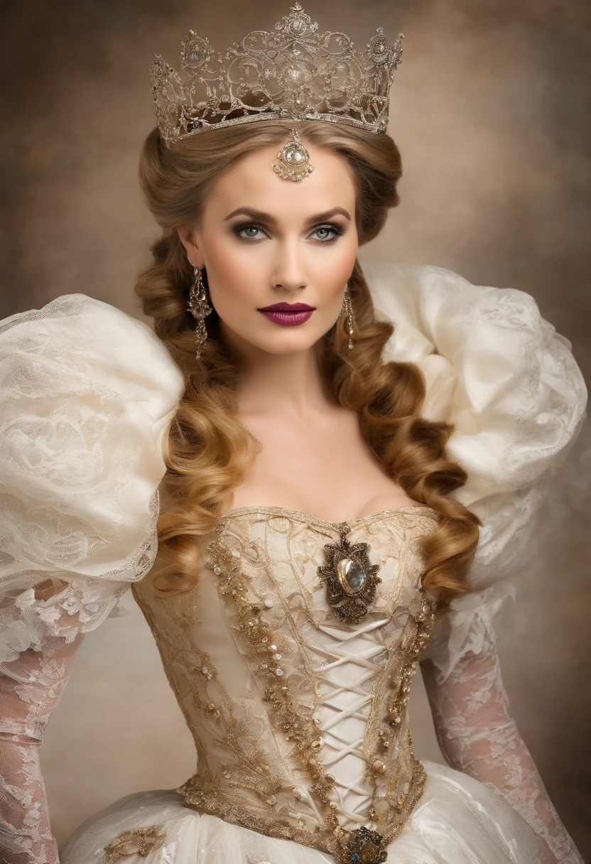 A stunningly beautiful blonde fairytale Princess Greer Grammer shining with Royal Pomp and Regal Splendor, wearing a Stately and (((Elaborate))) Royal Cinderella Wedding Dress of Silver and White Brocade, with (((enormous puffed sleeves))) a stiffly boned, padded and corseted bodice, an hourglass waist, a (((huge crinoline hoopskirt))) and (((bustle))), adorned with ribbons, bows, roses, lace, ruffles, frills, embroidery, and jewels, elaborately curled and styled hair, long white gloves, pearl and diamond necklace and earrings
