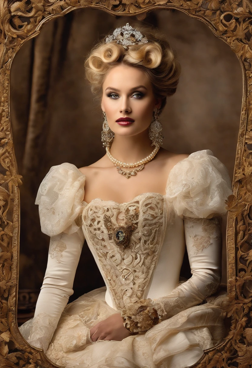 A stunningly beautiful blonde fairytale Princess Greer Grammer shining with Royal Pomp and Regal Splendor, wearing a Stately and (((Elaborate))) Royal Cinderella Wedding Dress of Silver and White Brocade, with (((enormous puffed sleeves))) a stiffly boned, padded and corseted bodice, an hourglass waist, a (((huge crinoline hoopskirt))) and (((bustle))), adorned with ribbons, bows, roses, lace, ruffles, frills, embroidery, and jewels, elaborately curled and styled hair, long white gloves, pearl and diamond necklace and earrings