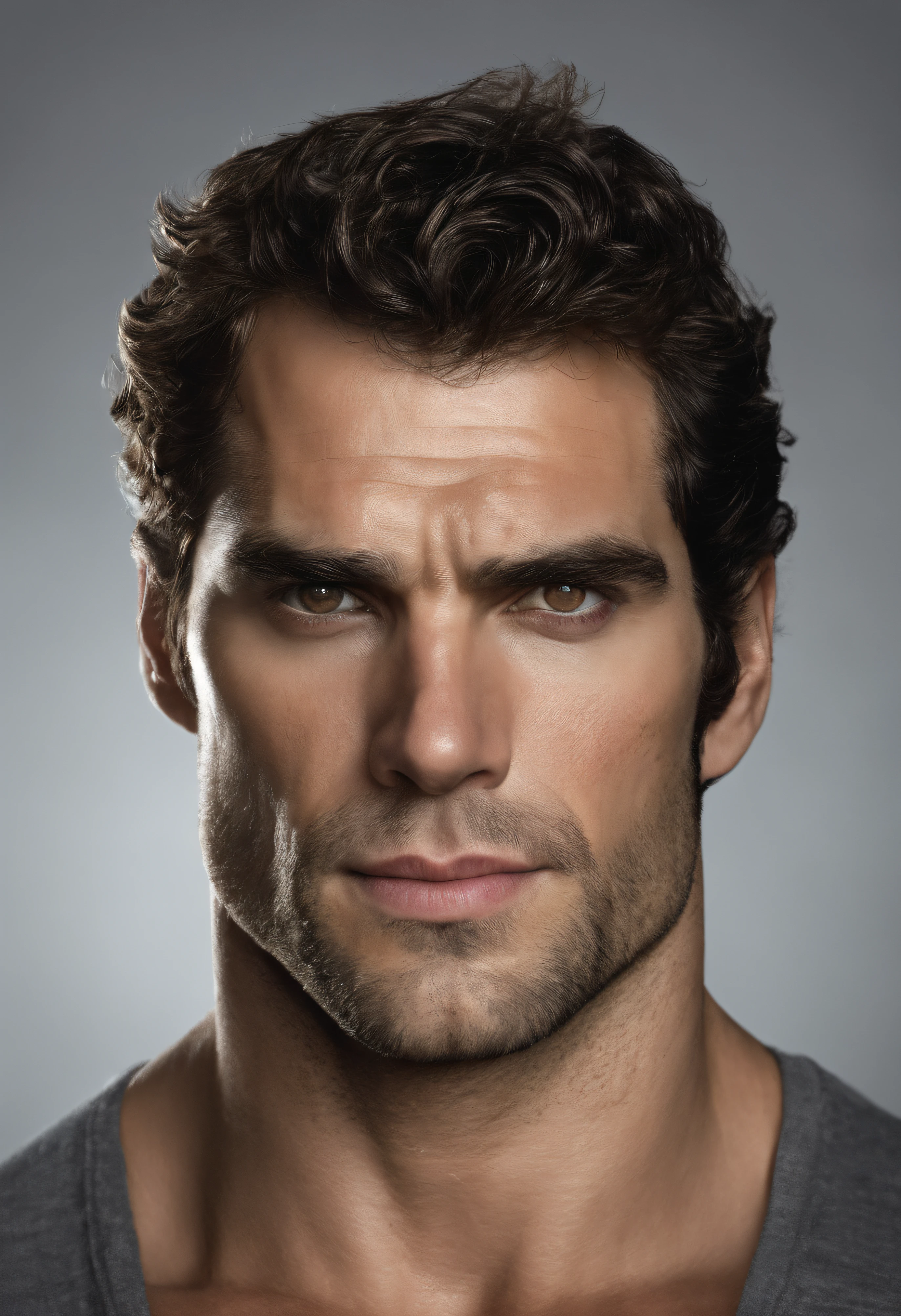 Um Homem seu rosto parece com o Henry cavill. His body is muscular and pectoral defined. tanquinho. virilha. Cochas, cabelos contra o vento. barba serrada. Olhar pensante, in a moment of reflection.